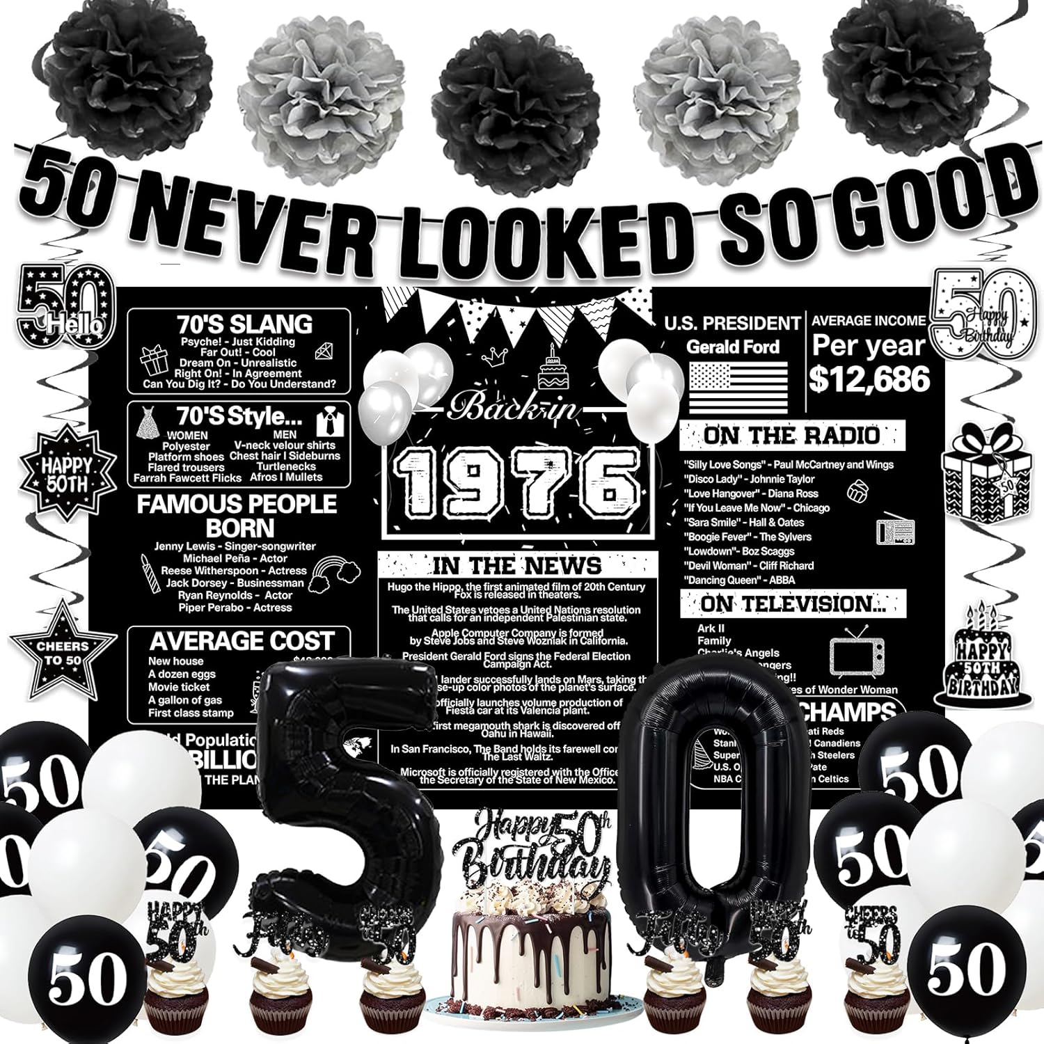 Crenics Black 50th Birthday Decorations for Men Women - Back in 1976 Backdrop, Banner, Paper Pom Poms, Hanging Swirls, Cake Topper and Balloons for 50 Birthday Party Supplies