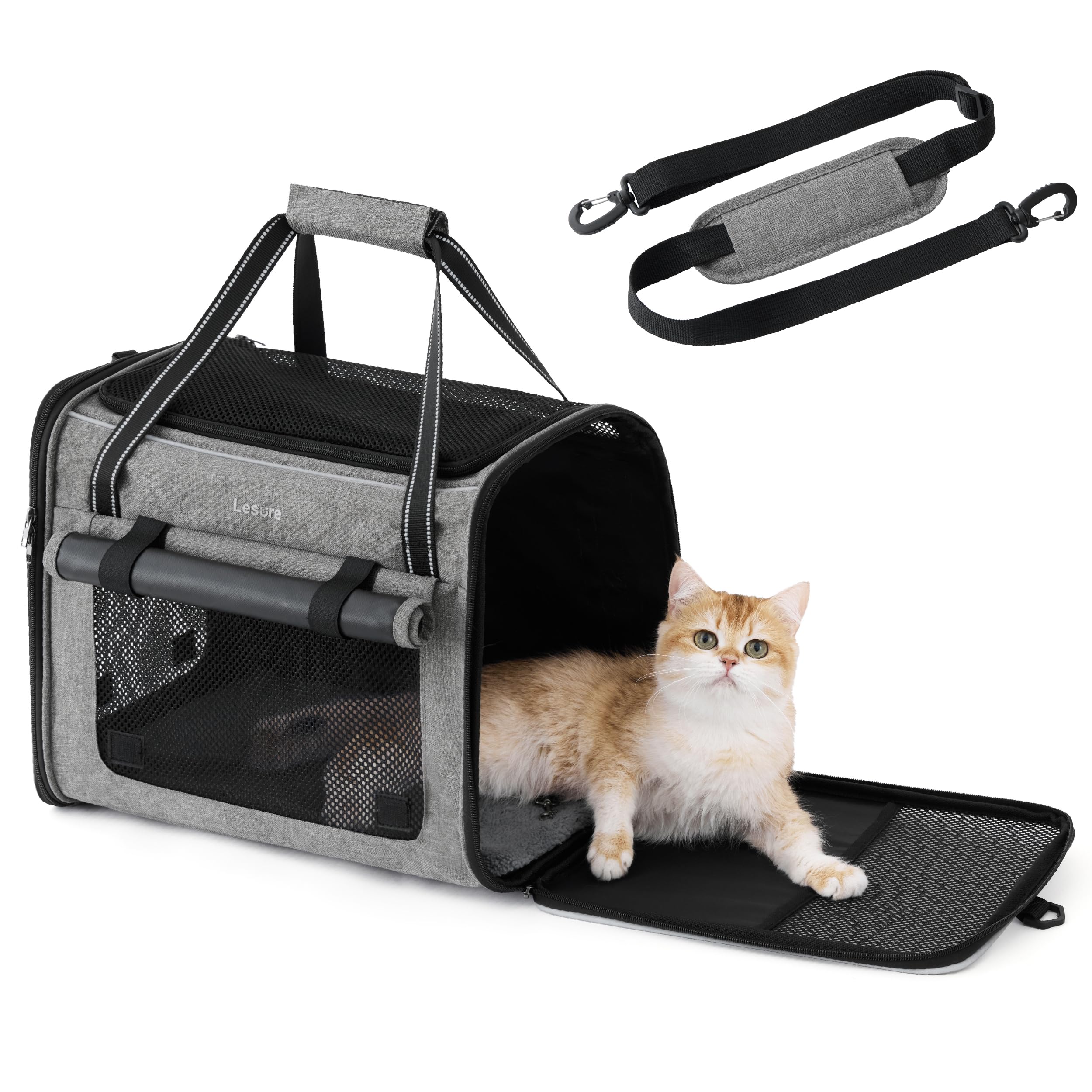 Lesure Foldable Cat Carrier for Travel - Stable Soft Sided Pet Transport Carrier Bag with Breathable Mesh, Car Safety Belt, Shoulder Strap & Removable Mat for Cats & Kittens, 43.5x29.5x34cm, Grey