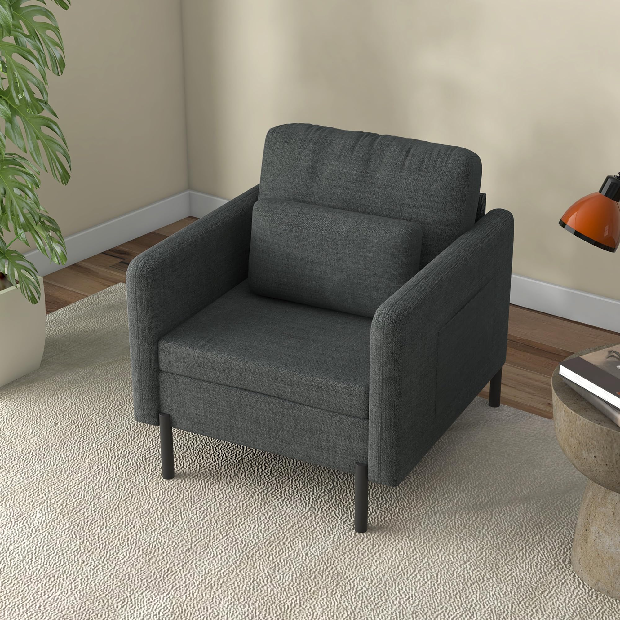HOMCOM Poltroncina Moderna in Tessuto Effetto Lino con Gambe in Acciaio e Tasche Laterali, 73x73x80cm, Grigio
