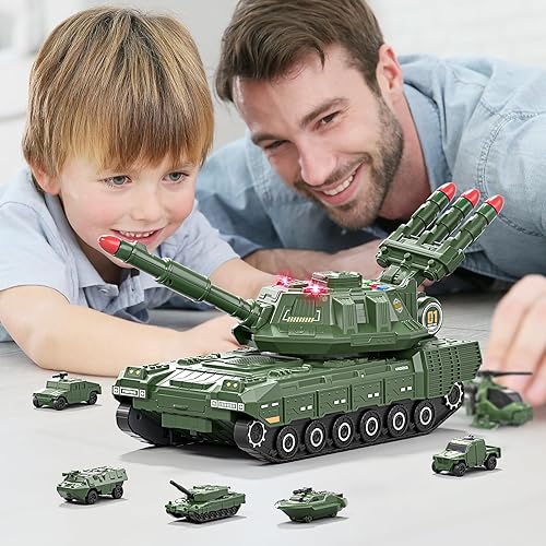 Miniatura 7 de Tanque de juguetes militares para niños, tanque de juguetes militares con 6 vehículos, tanque de juguete con luz, sonido y disparos de misiles,