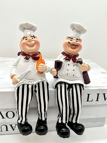 Miniatura 5 de Juego de 2 figuras de chef para decoración de cocina del hogar, pan y vino con patas colgantes, estatua para estantes de cocina, armario, exhibición