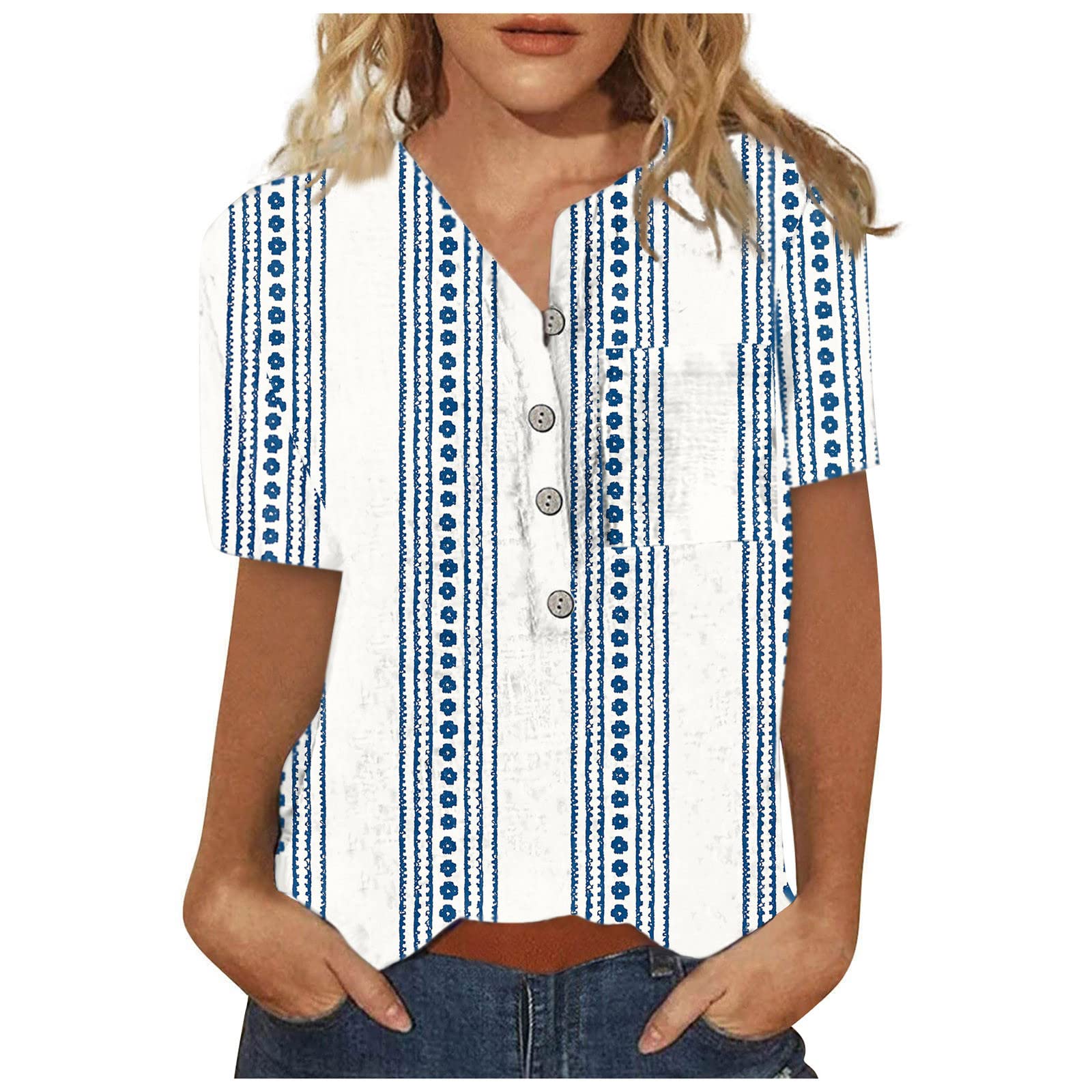 Womens Buttons Down Tops, Butterfly Floral Printed T Shirts V Neck Short Sleeve Tunics with Pockets Ladies Summer Casual Tees Vacation Lounge Blouses Girls Daily Streetwear Shirts