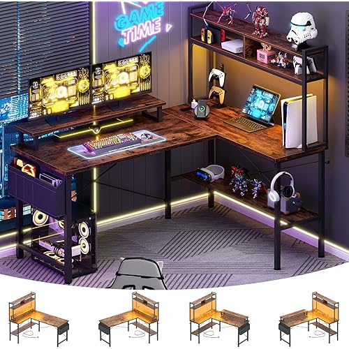 Aheaplus L Shaped Gaming Desk with Power Outlets & LED Lights, Small L-Shaped Desk Computer Corner Desk with Monitor Stand & Storage Shelf, Home Office Desk Writing Desk with Storage Bag, Rustic Brown