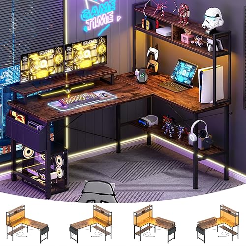 Aheaplus L Shaped Gaming Desk with Power Outlets & LED