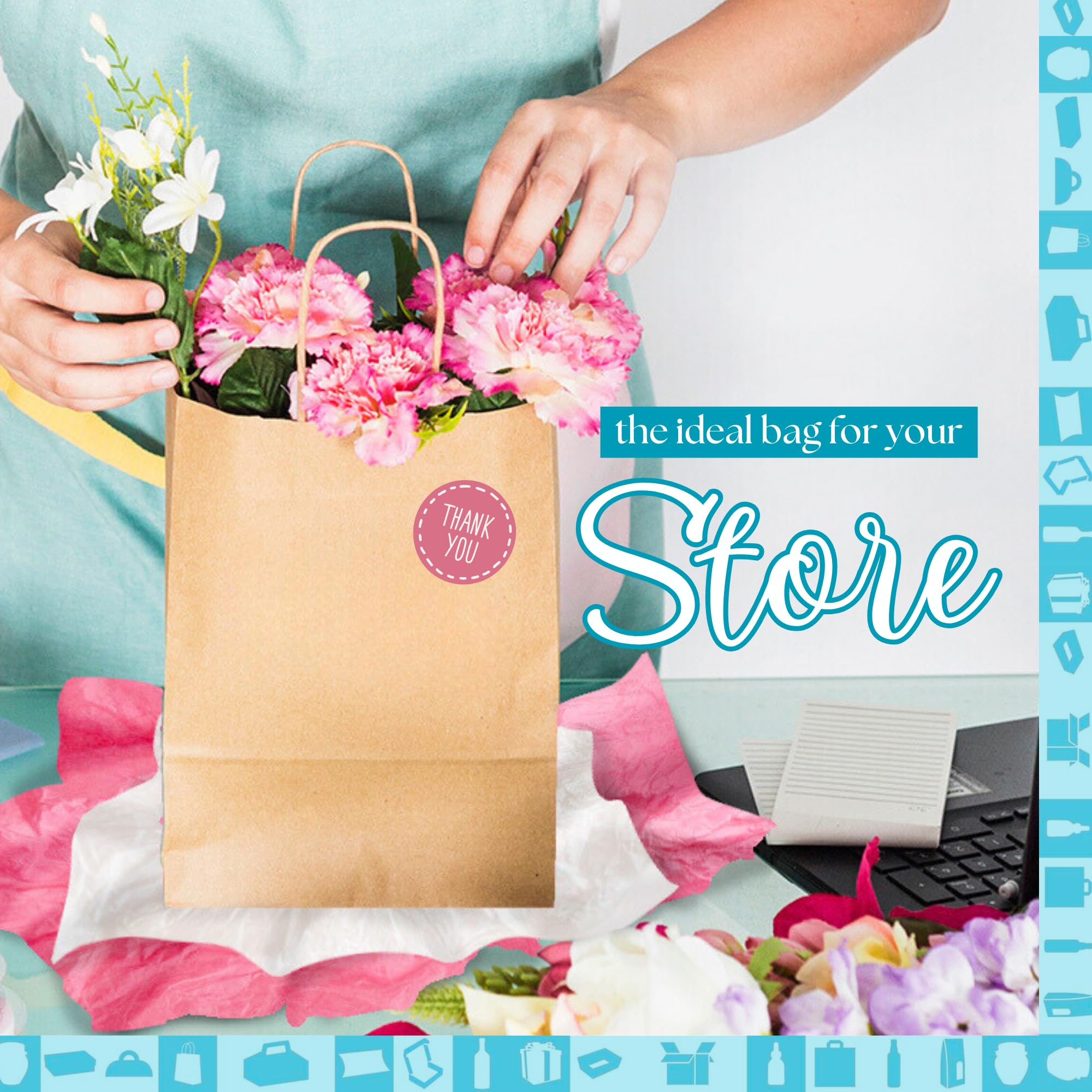 Lot 100 Sacs Papier Kraft Marron avec Anses 18x8x23cm - Sac pour Shopping Cadeaux Mariages