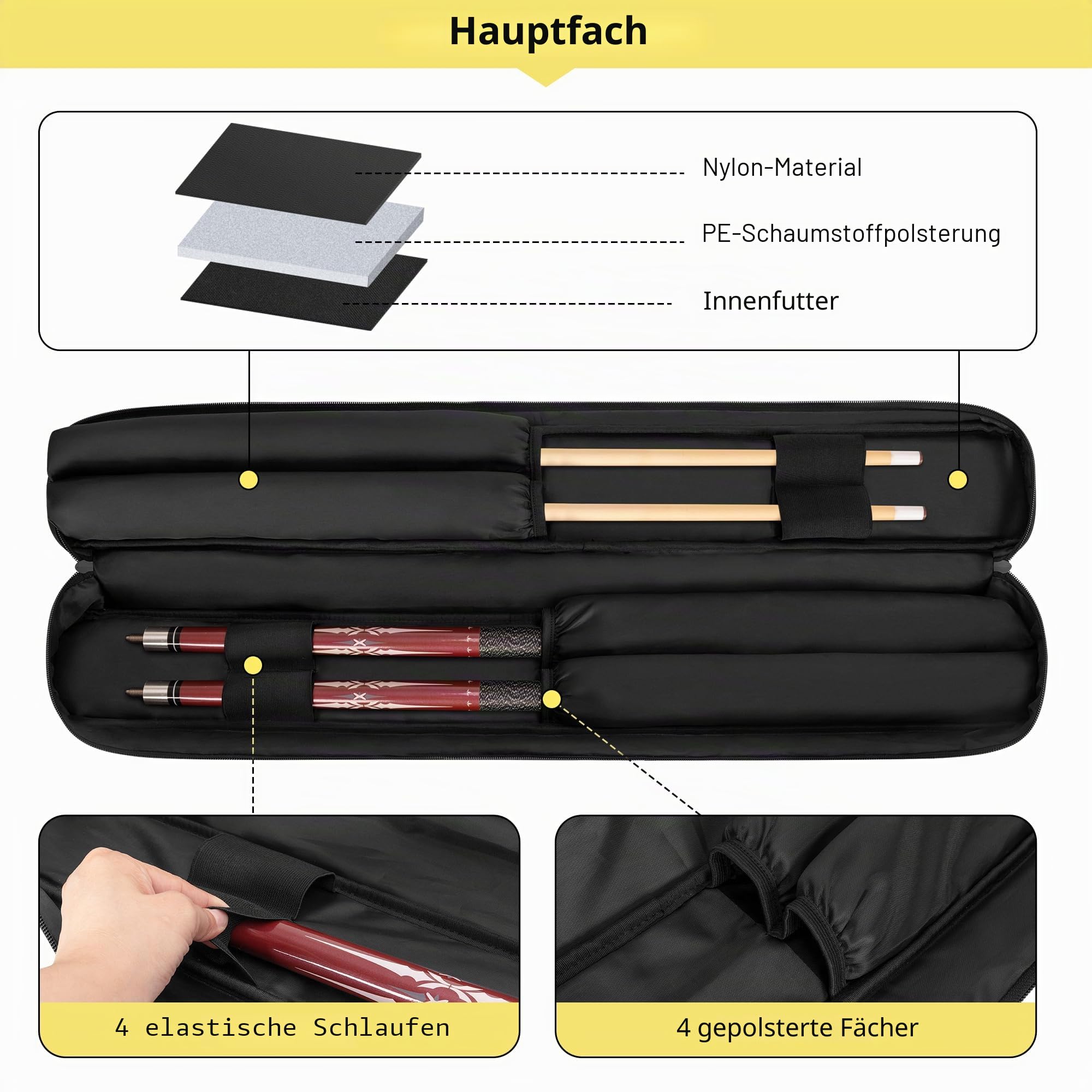 Rexmica Billard Queue Tasche für bis zu Unterteile und Schäfte, Billiardstock Tasche mit Griff und abnehmbarem Schultergurt