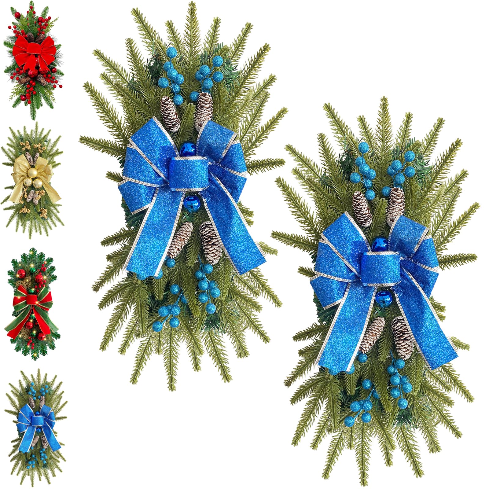 2 Pack Christmas Artificial Swags 24" Xmas The Cordless Prelit Stairway Swag Teardrop Trim Wreath Door Stair Swag Garland Christmas Swags for Indoor &