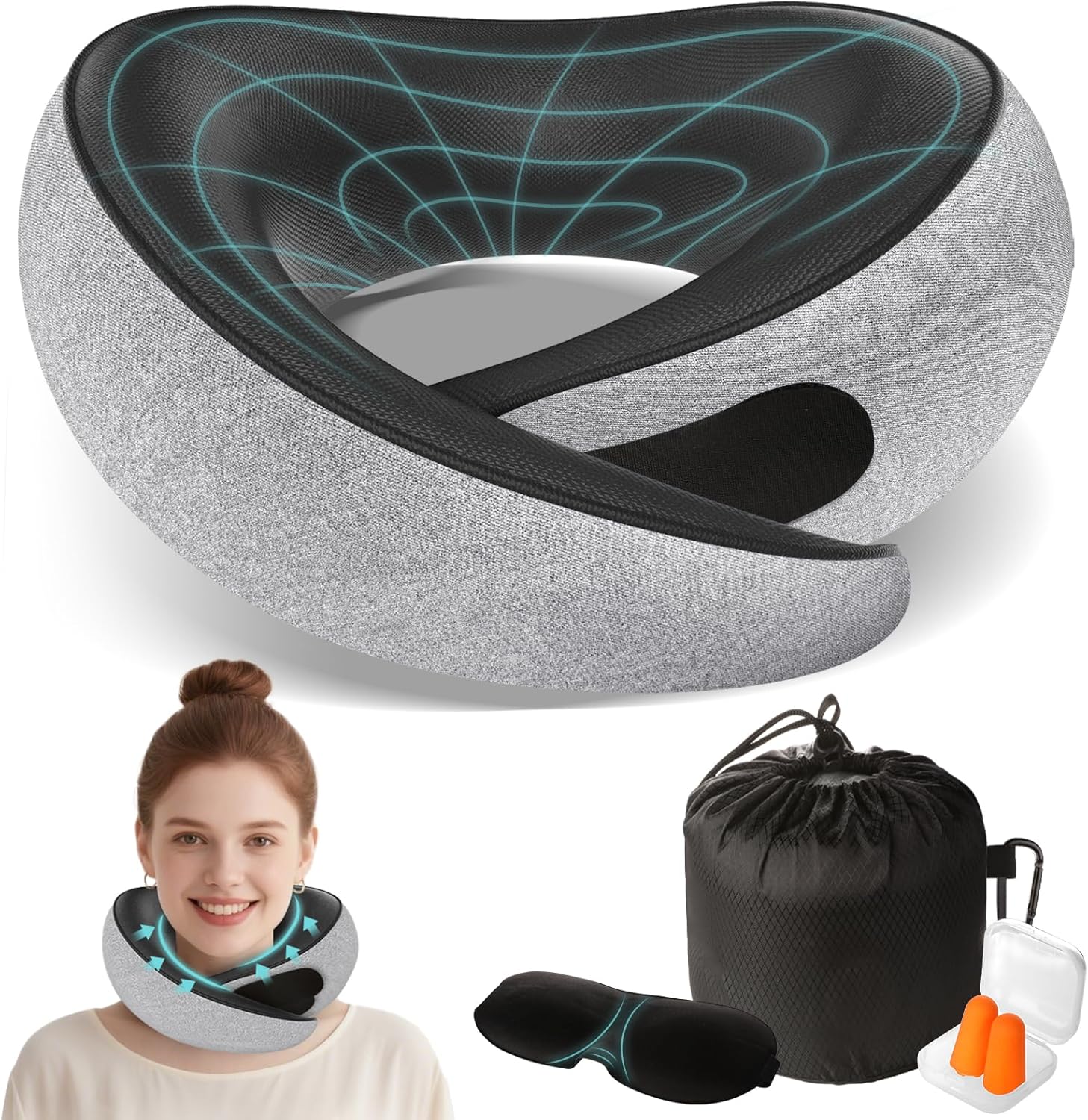 Travel Neck Pillows for Airplanes - 360° Ergonomic Memory Foam Travel Pillow - Relief Neck Pain with Breathable Support for Long Flights, Car, Train & Office Use - Adults & Kids Gray