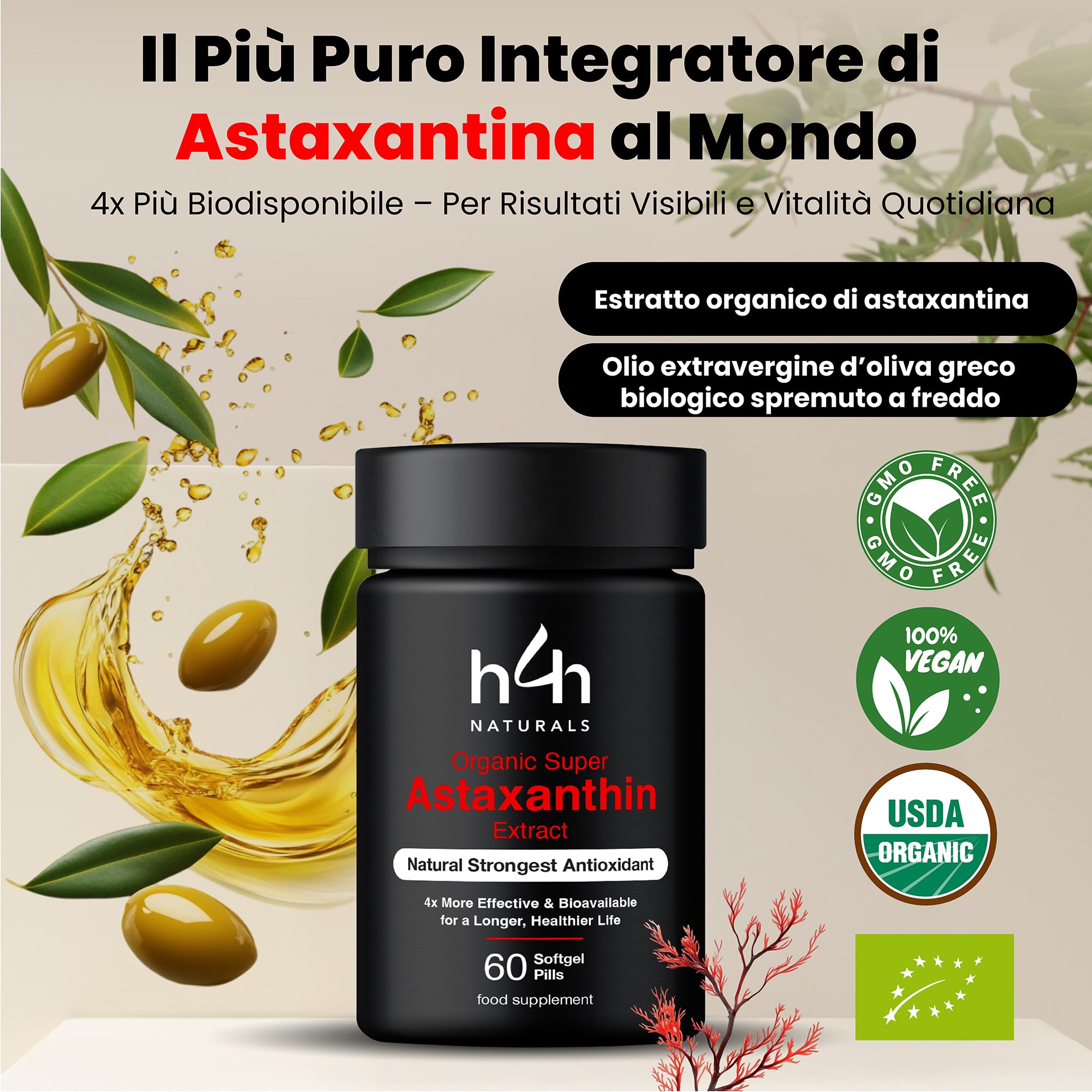 Super Astaxantina Biologica – Equivalente a 16mg di Polvere | Pelle, Vista, Energia | Assorbimento 4X con Olio d’Oliva Italiano Bio | Vegan-Certificati Bio UE/USDA