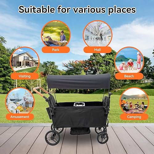 Miniatura 8 de Cochecito para 4 niños sentados en tándem plegable carrito de viaje ligero con arnés de 5 puntos, mango ajustable y dosel, mosquitera, huecos,