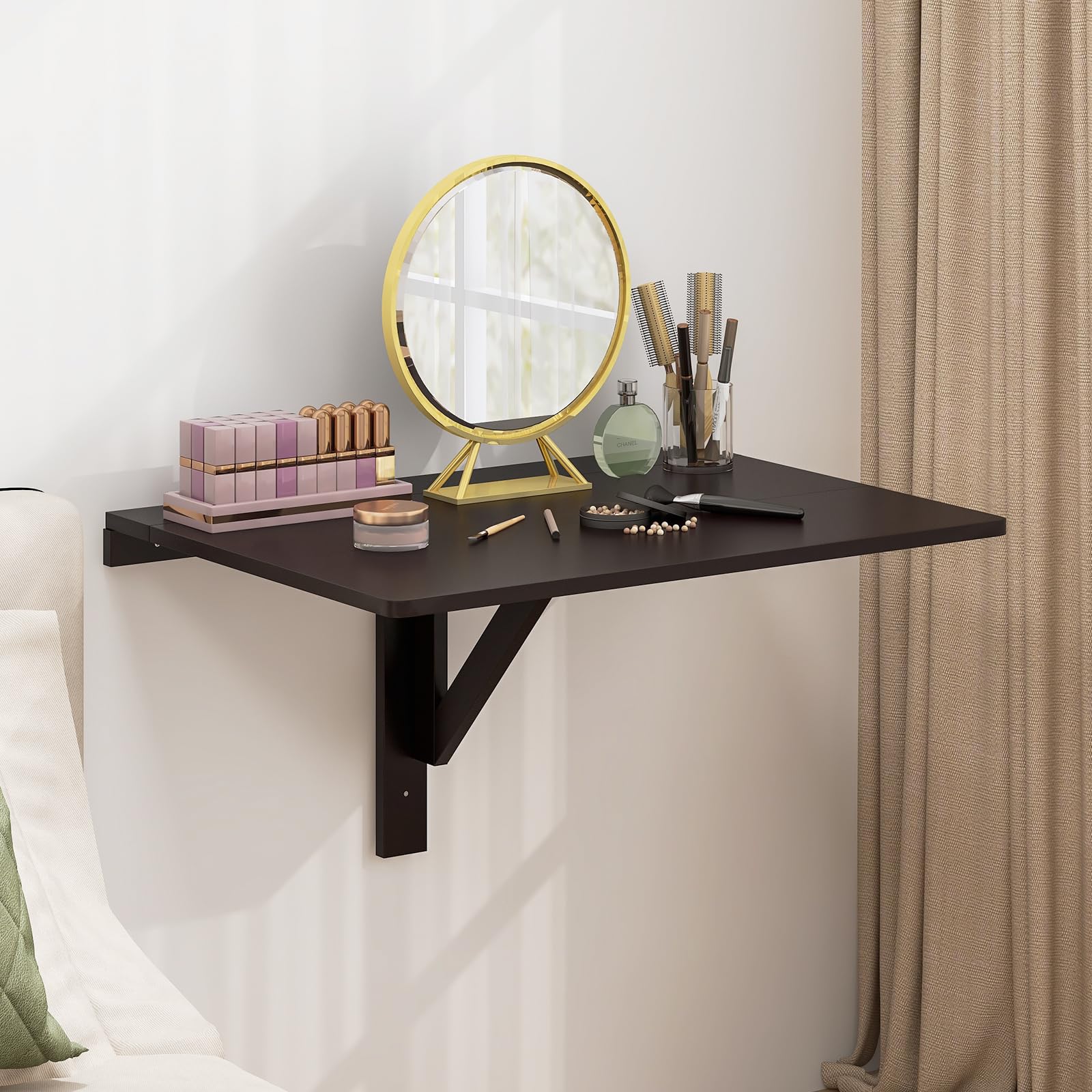 COSTWAY Tavolo Pieghevole a Muro, Tavolino Porta PC da Parete in Legno, Tavolo a Scomparsa Multifunzionale, Ideale per Soggiorno, Cucina e Studio, 80 x 60 x 45 cm (Marrone)