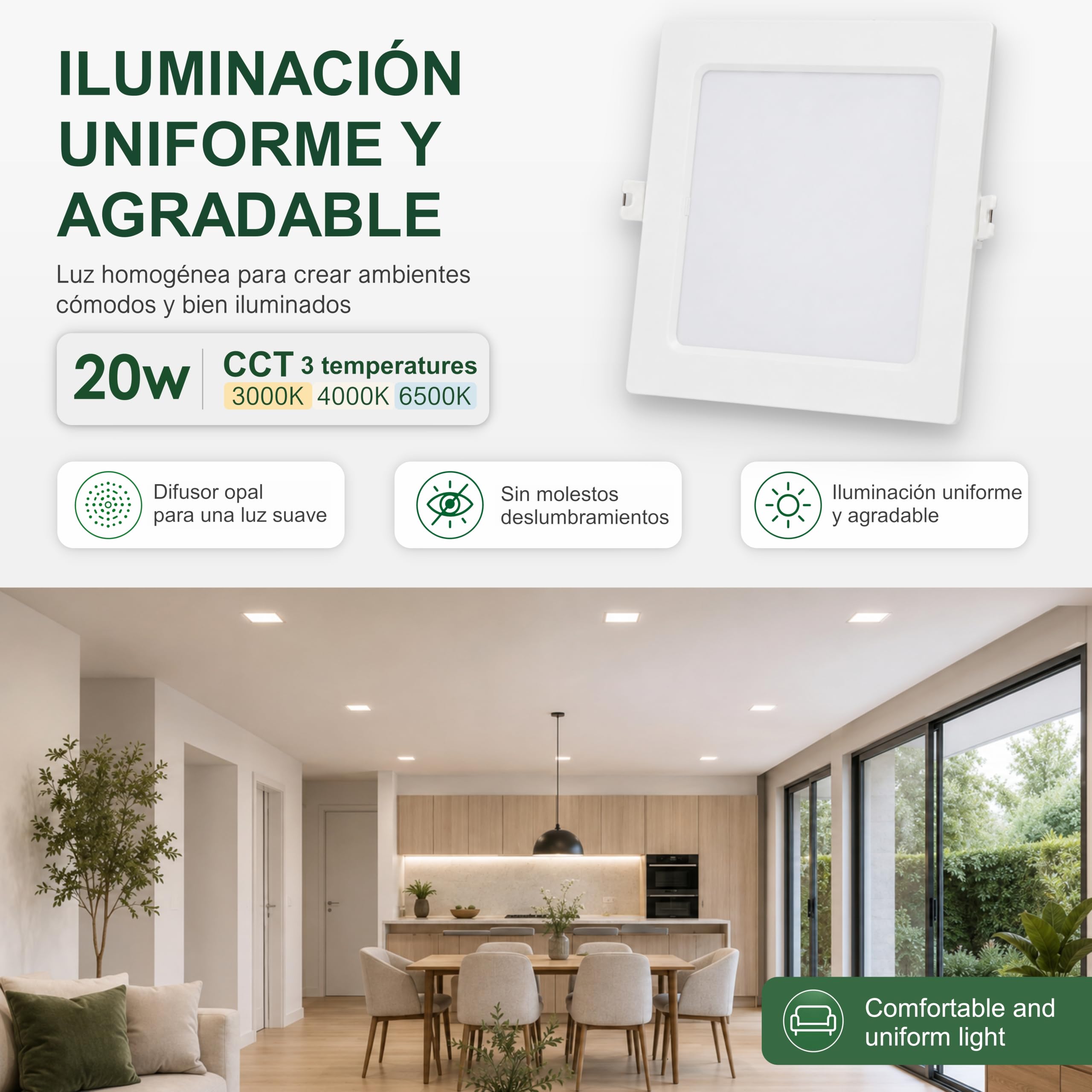 CLAR - Downlight LED Techo Cuadrado 20W, Downlight Cuadrado, Focos LED Cuadrados Empotrables, Iluminación Empotrable de Interior, 3 Tonalidades CCT (3000ºk-4000ºk-6500ºk) (Pack 10)