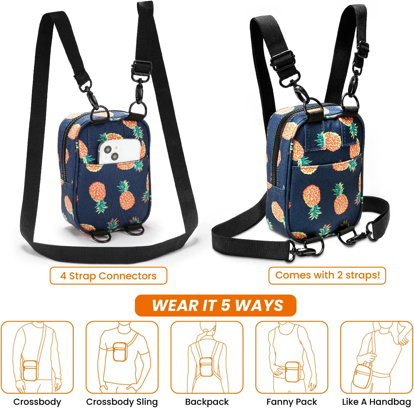 Vibe Festival Gear Small Crossbody Sling Bag for Women Men 5in1 Multi-Use from (rPET) Recycled Polyester Belt Bag Cross Body Backpack Fanny Pack Purse - Pineapples - Image 5