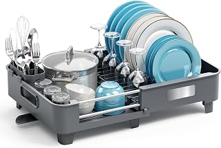 TOOLF Extendable Dish Drying Rack for Small Kitchen Counter, Gray