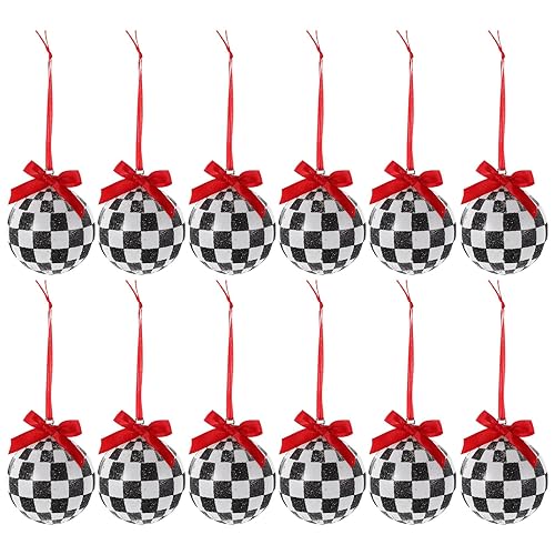 Healifty 12pcs Checkered Christmas Ornaments: 6CM Black & White Glitter
