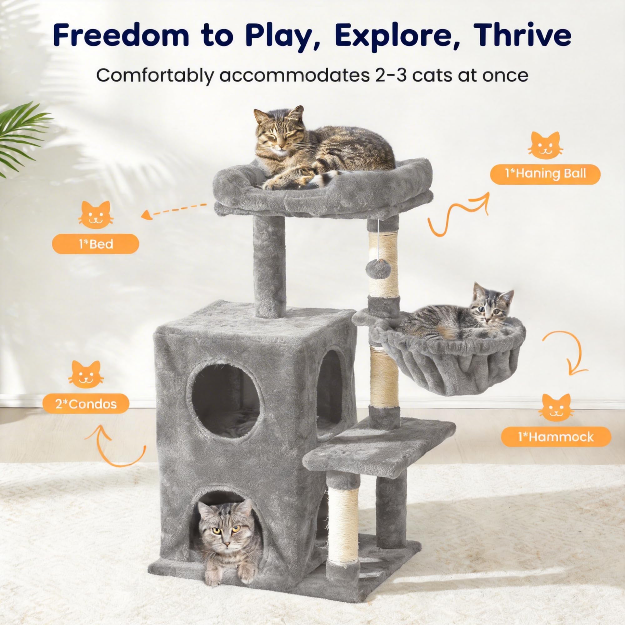 Fansafurn Torre de árbol para Gatos de Interior, casa de árbol para Gatos Adultos Grandes de 36 Pulgadas con escalones, Poste rascador, 2 condominios para Gatos, Juguetes Colgantes, Gris Claro