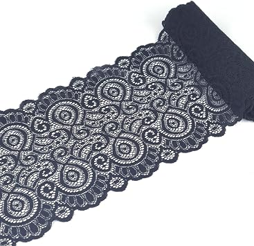 IDONGCAI Black Wide Elastic Lace Trim for Sewing - Lace Ribbon Fabric by The Yard Black, 6.2 inch 5 Yards