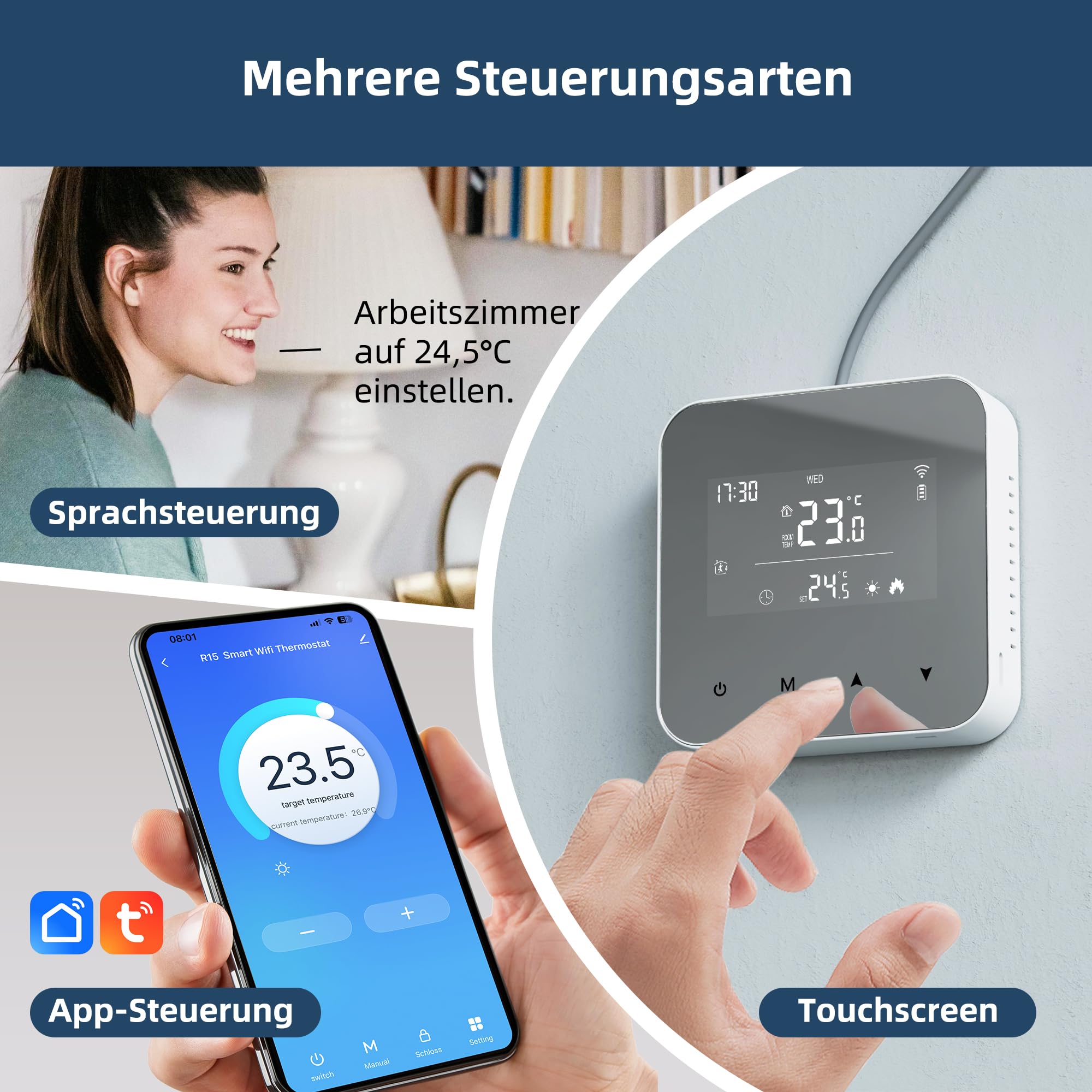 Beok WiFi Thermostat Für Gaskessel, Tuya Smart Raumthermostat Thermostate Heizung Digital LCD-Anzeige Kompatibel mit Alexa Google Assistant, Batteriebetrieben, Aufputz BOT-R8W-WIFI Weiß