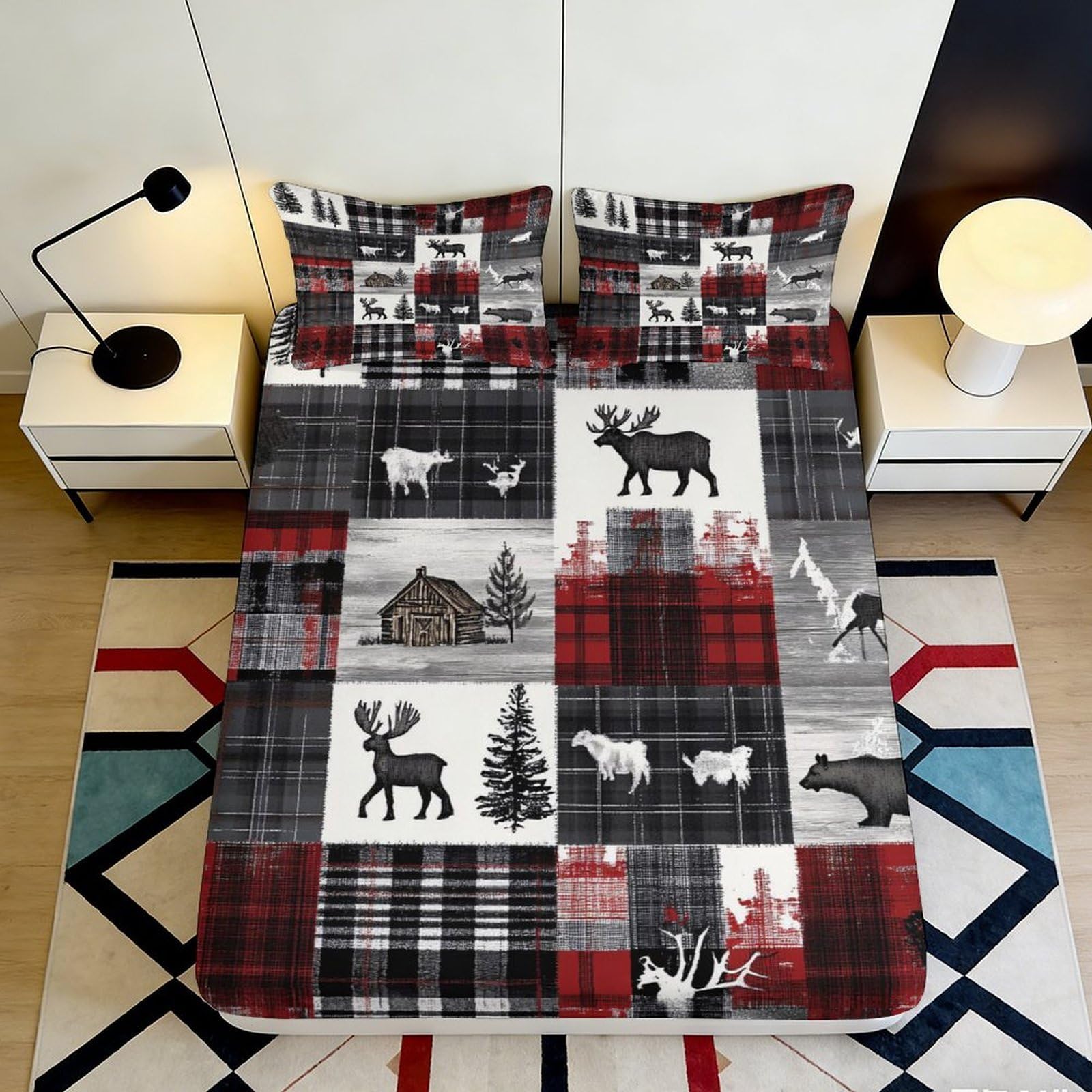 3D Printed Rustic Lodge Fitted Sheet Microfiber Durable Soft Plaid Bed Cover with Moose and Tree Design for Bedroom Dormitory Guest Room 200x200x25cm