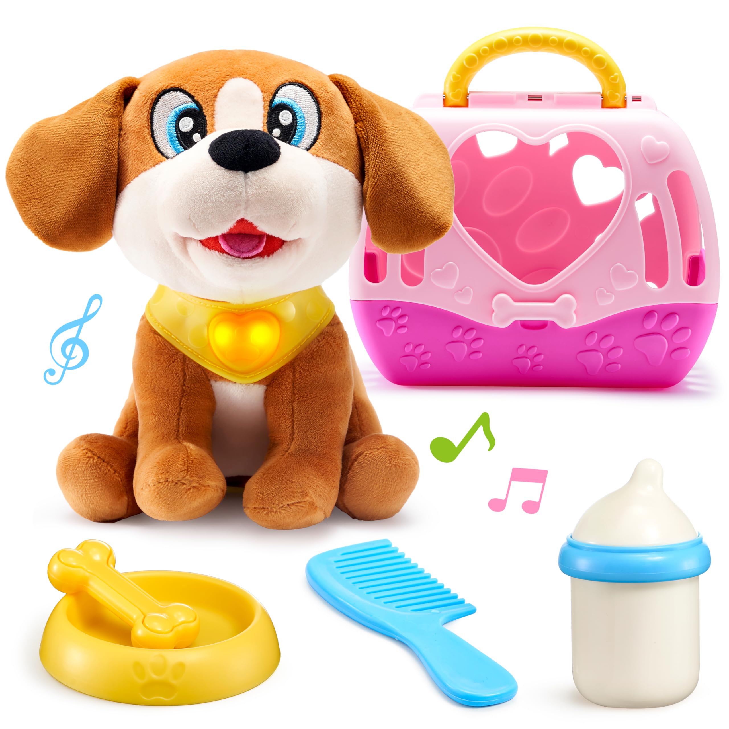 JOYIN Juguetes de peluche para perros para niños, juguete interactivo para cachorros con luces y sonidos, juguetes para el cuidado de mascotas con transportador y accesorios, juego de simulación para