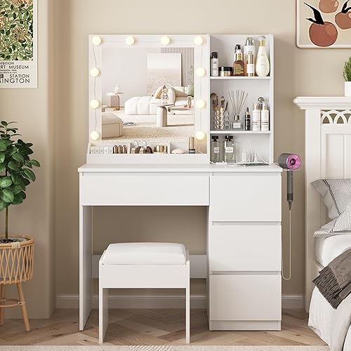 Vabches Vanity, Makeup Vanity Desk Set with Mirror & Light, Dressing Table Storage Lots with Power Strip, 3 Lighting Modes with Adjustable Brightness, 37 Inches (White) (White with stool)