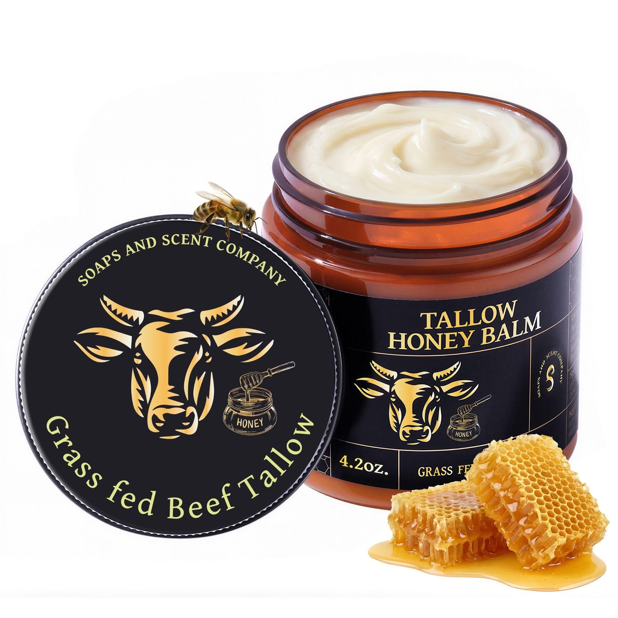 Grass-fed Beef Tallow Honey Balm for Face with Beeswax- - Rich in Vitamins A, D, E, and K and Nurishment for Your Face and Body - 4.2 OZ (scented)
