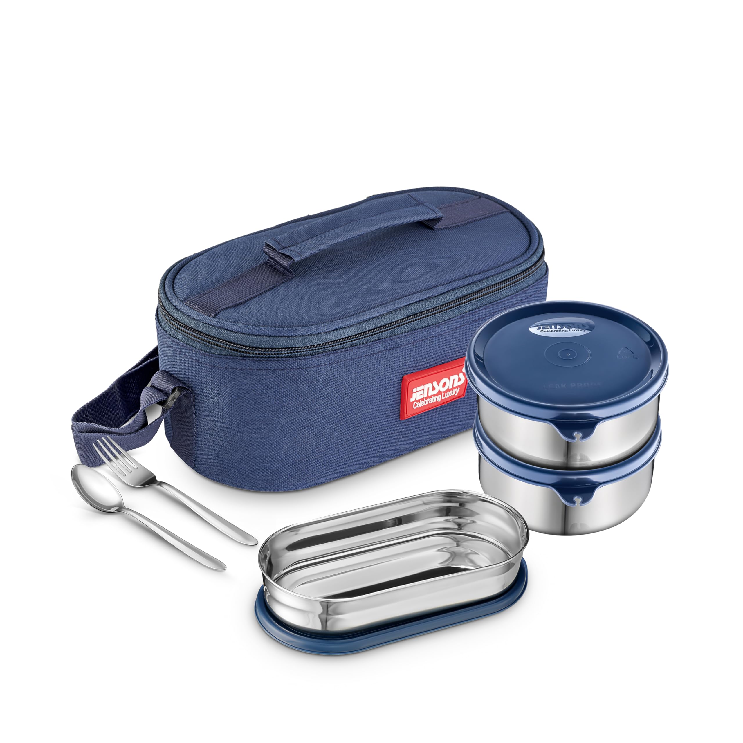 JENSONS Easy Meal Lunch Box with Steel Cutlery, 2 Premium Stainless Steel Beautiful conatiner(350 ml) &1 Oval Stainless Steel Container (500 ml) with BPA Free lids Fabric Bag Blue