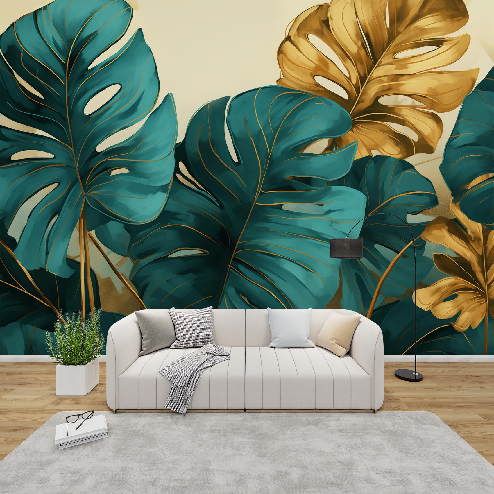 QEODAH Monstera Wallpaper for Living Room, Tropical Leaves Wall Art for Bedroom, Green and Gold Wall Murals for Bedrooms, Renter Friendly Removable Waterproof Non-Woven Photo Wallpaper 3D, 366x254 cm