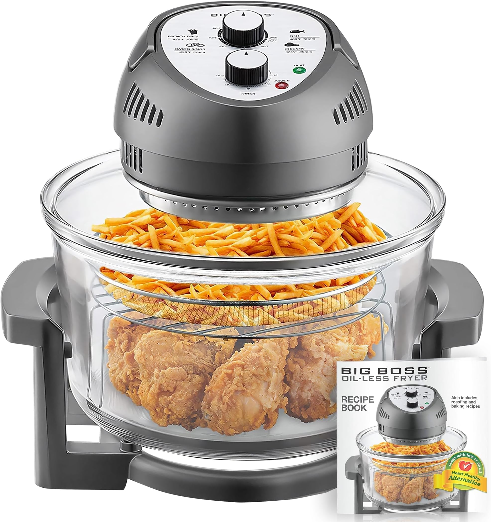 BIG BOSS Air Fryer, Super Sized 16 Quart Large Air Fryer Oven Glass Air Fryer, Infrared Convection Healthy Meal Electric Cooker with Timer, Dishwasher Safe, Plus 50+ Recipe Book, Graphite