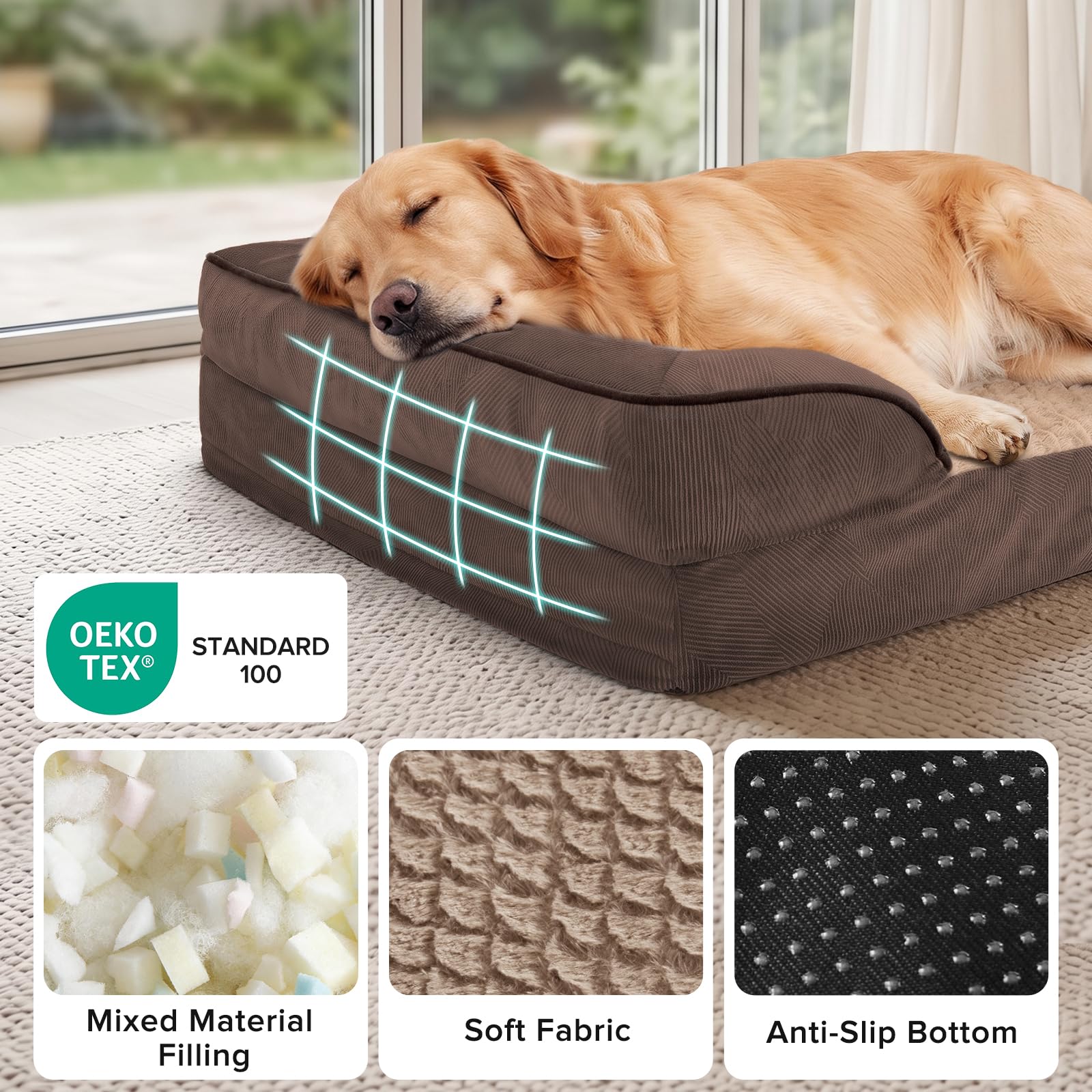 INVENHO Sofá ortopédico para perros medianos, de espuma, con funda extraíble lavable, forro impermeable y parte inferior antideslizante