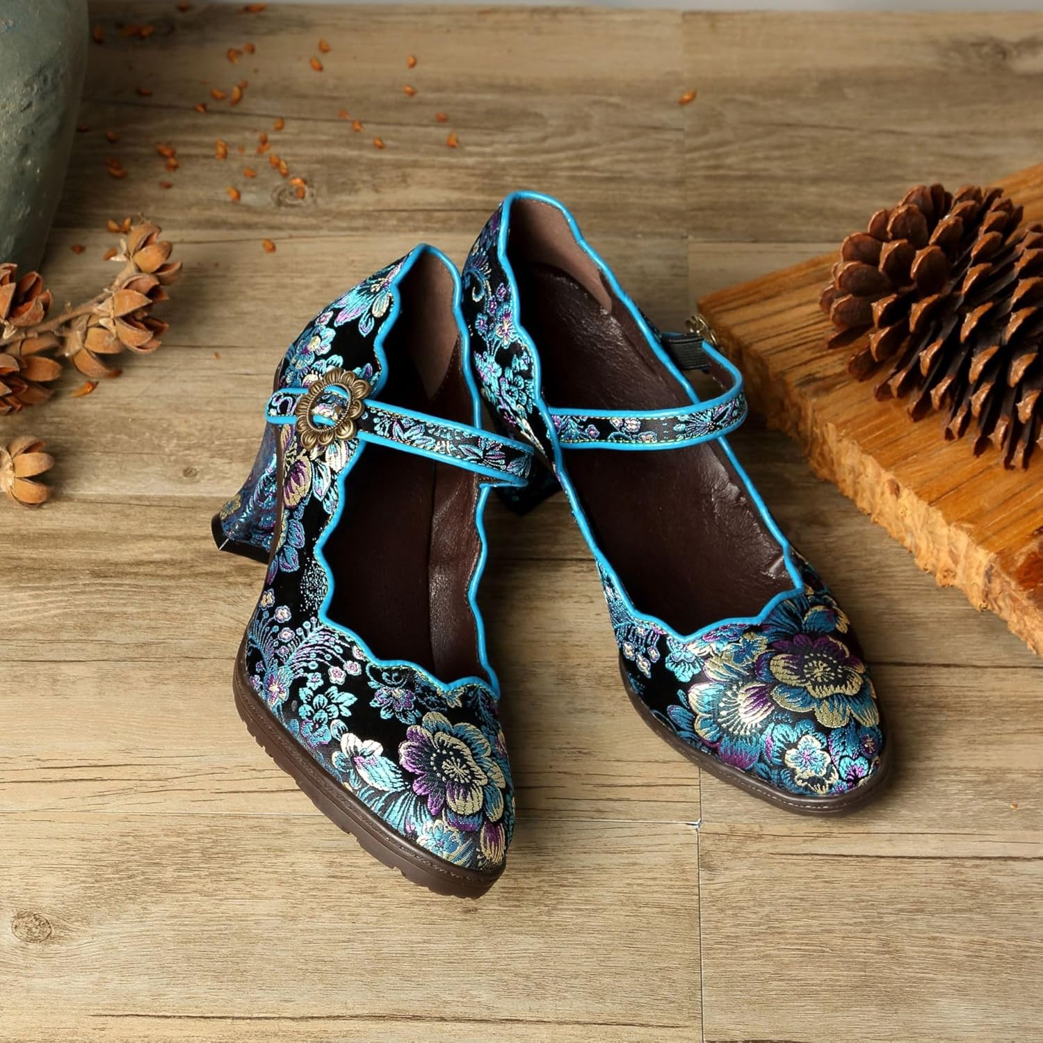 SOCOFY Women Leather Mary Jane Shoes Colorful Leather Oxfords Vintage Leather Pumps Womens Colorful Patchword Block Heel Pumps Mid Kitten Heel Pumps Shoes Ankle Strap Wedding Dress...