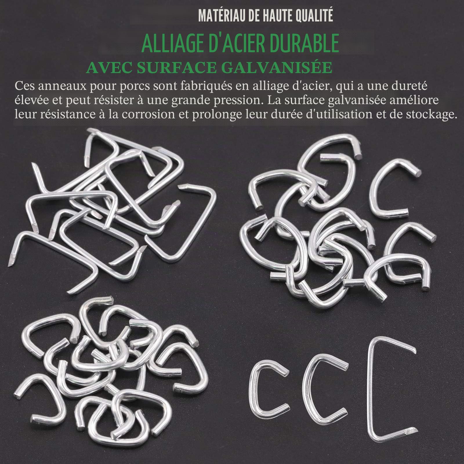 Keadic Lot de 242 anneaux de porc galvanisés de 1.9 cm, 1.2 cm, 9.5 mm, avec pince droite pour anneaux de porc, chocs, boîtes de viande et de saucisses