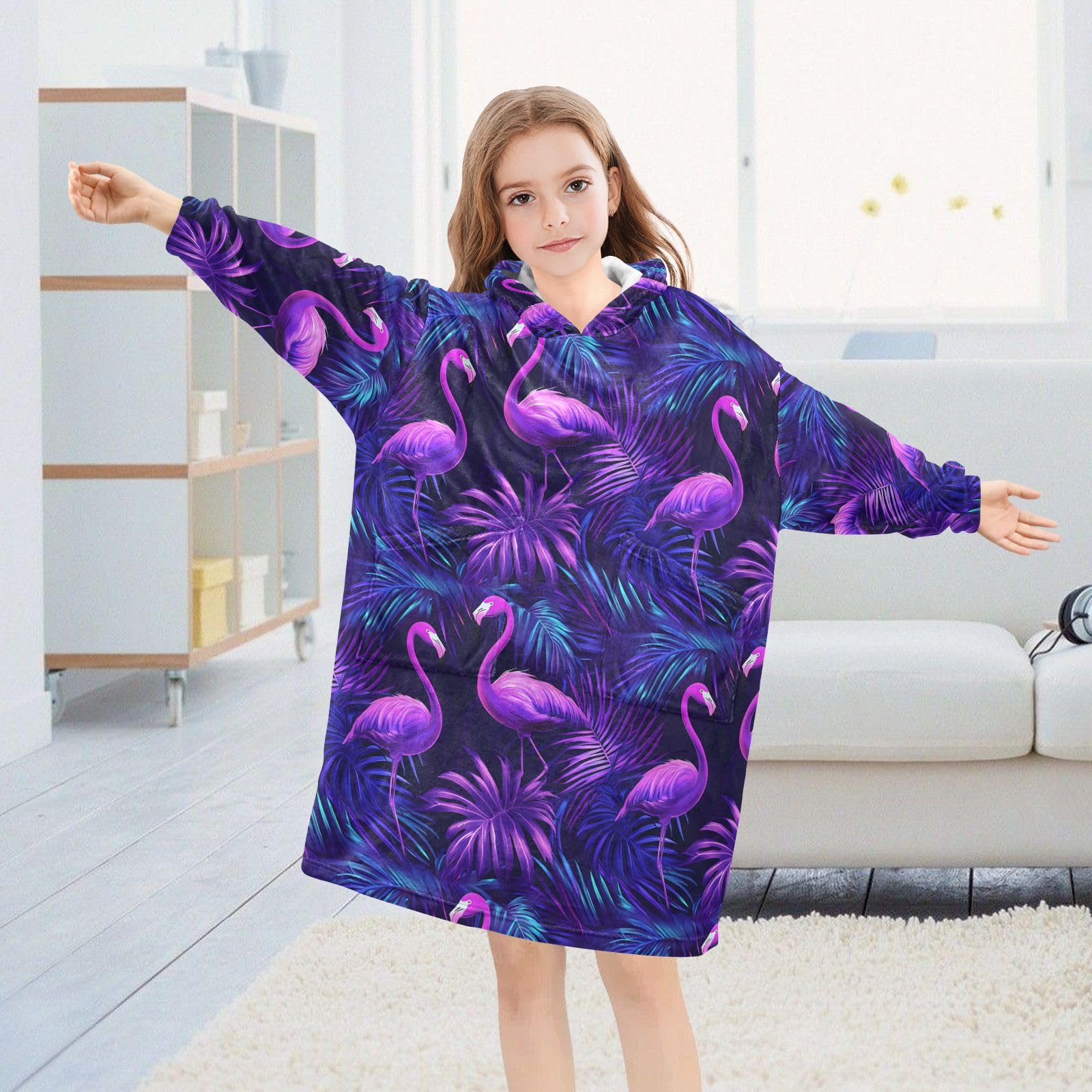 Flamingo-Bademantel für Kinder, tragbar, mit Kapuze, weicher Flanell-Bademantel mit Ohren und Taschen, warme Nachtwäsche für Kleinkinder, Jungen, Mädchen