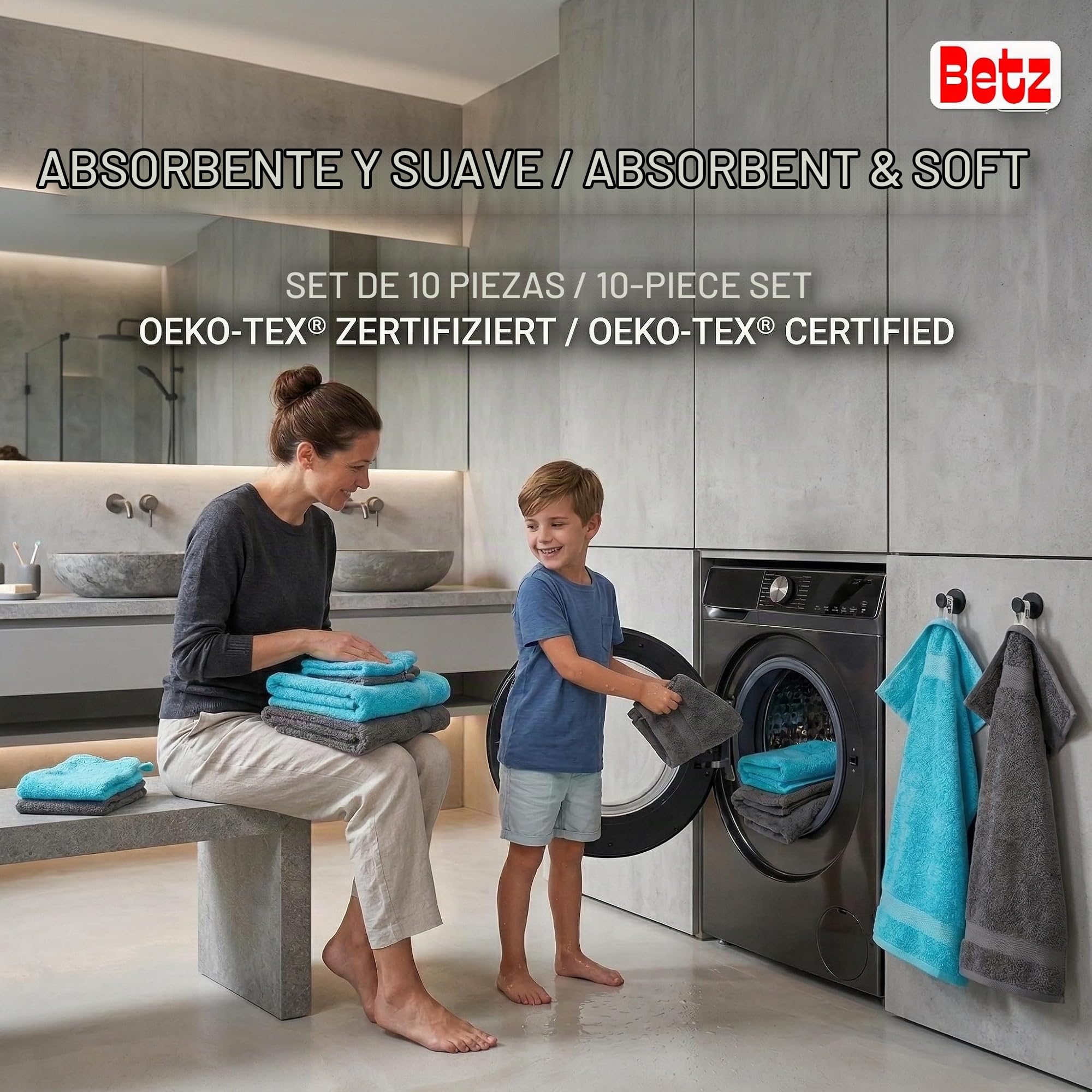 Betz Juego de Toallas de 10 Piezas 2 Toallas de baño 4 Toallas de Mano 2 Toallas para Invitados 2 Manoplas de baño 100% algodón Toalla Ducha baño Mano Premium de Color Turquesa y Gris Antracita