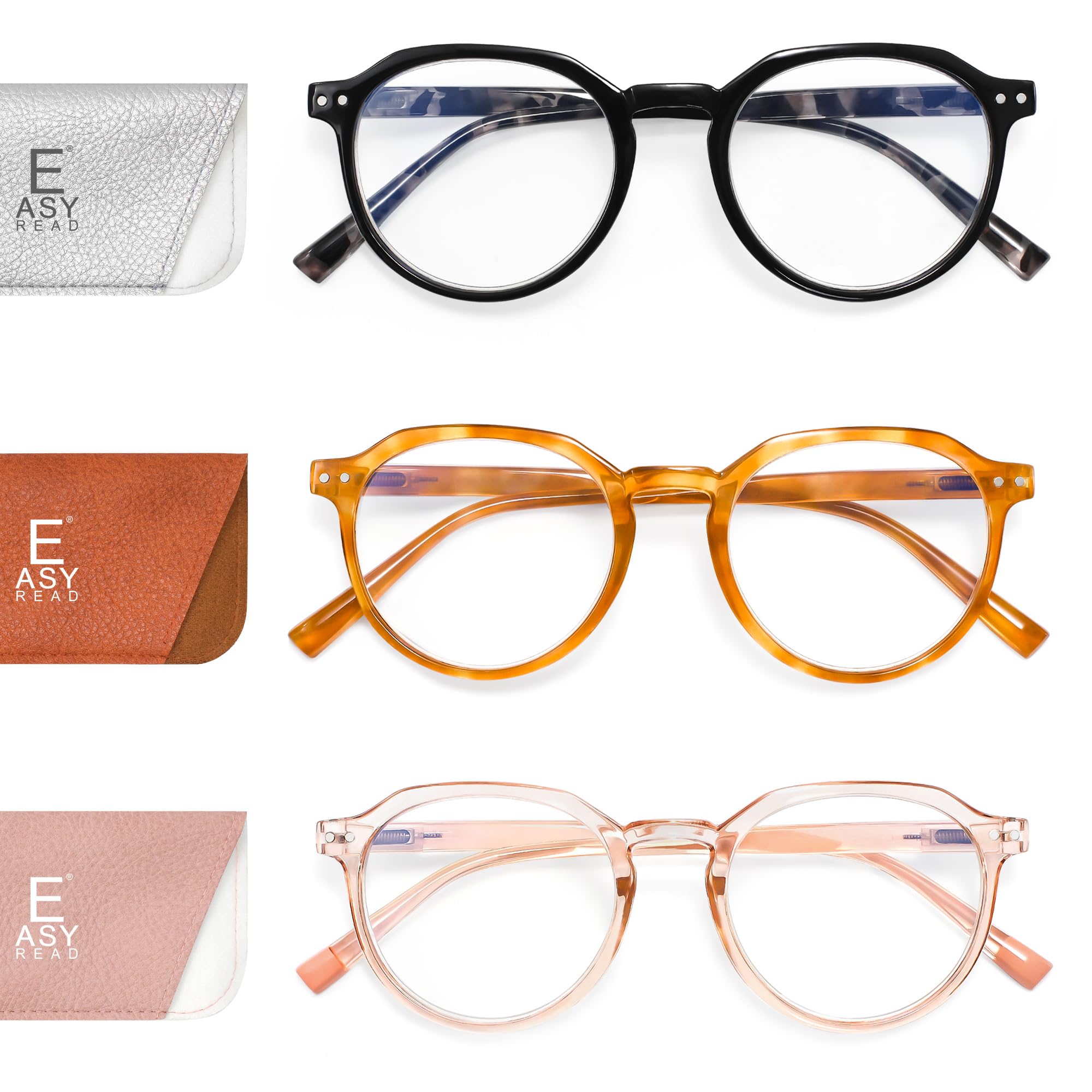 EASY READ 3 Pairs Round Reading Glasses for Women,Colorful Computer Blue Light Blocking Readers for Women with Spring Hinge