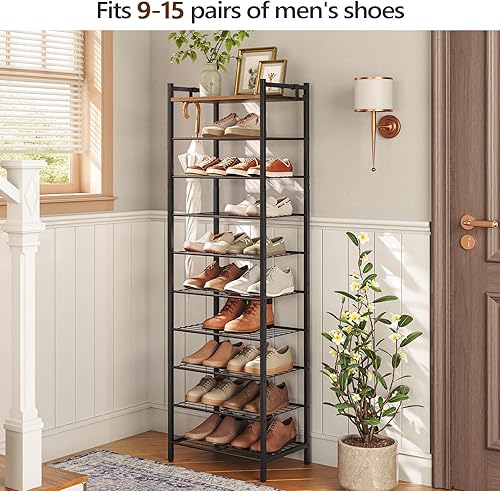 Miniatura 2 de MAHANCRIS Zapatero estrecho de 10 niveles, estante de zapatos con 9 estantes de metal, ahorro de espacio, capacidad para 18-22 pares de zapatos,