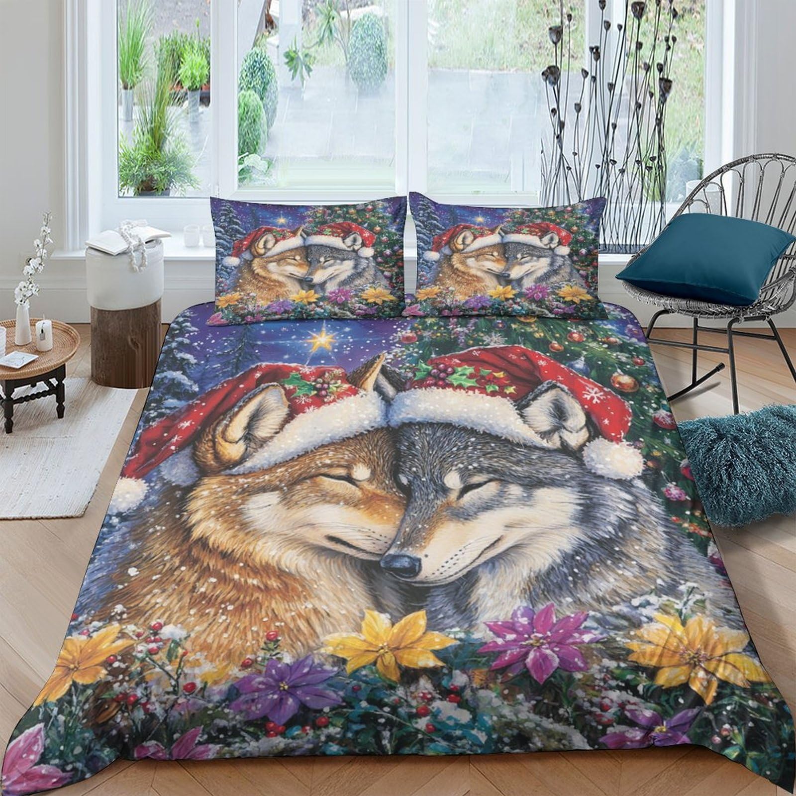 lupi di Natale Impressione 3D 3 pz cover piumone arte della fauna selvatica in vacanza coperteletto microfibra morbida ipoallergenica per adolescenti uomini adulti Double（200x200cm）