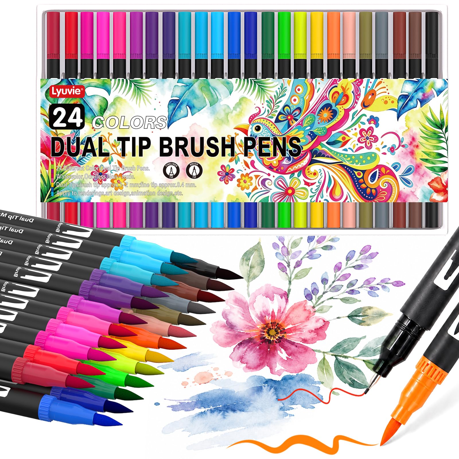 Lyuvie 24 Colouring Pens, Dual Tip Brush Markers with for Adults Book,Felt BrushTip Markers Fineline Coloured Pens with Case for Drawing,Colouring,Sketching, Easter,Christmas