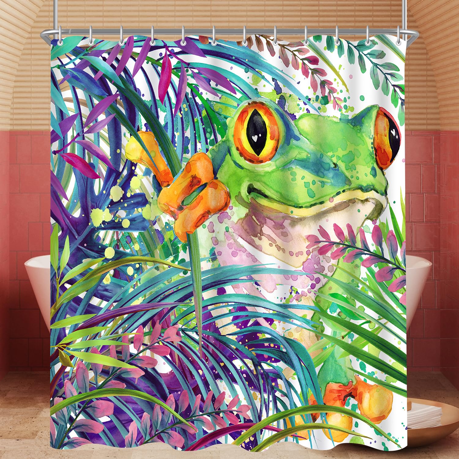 Lerores Shower Curtain, 180 x 200 cm, Painted Frog Motif, Weighted Hem, Anti-Mould, Water-Repellent
