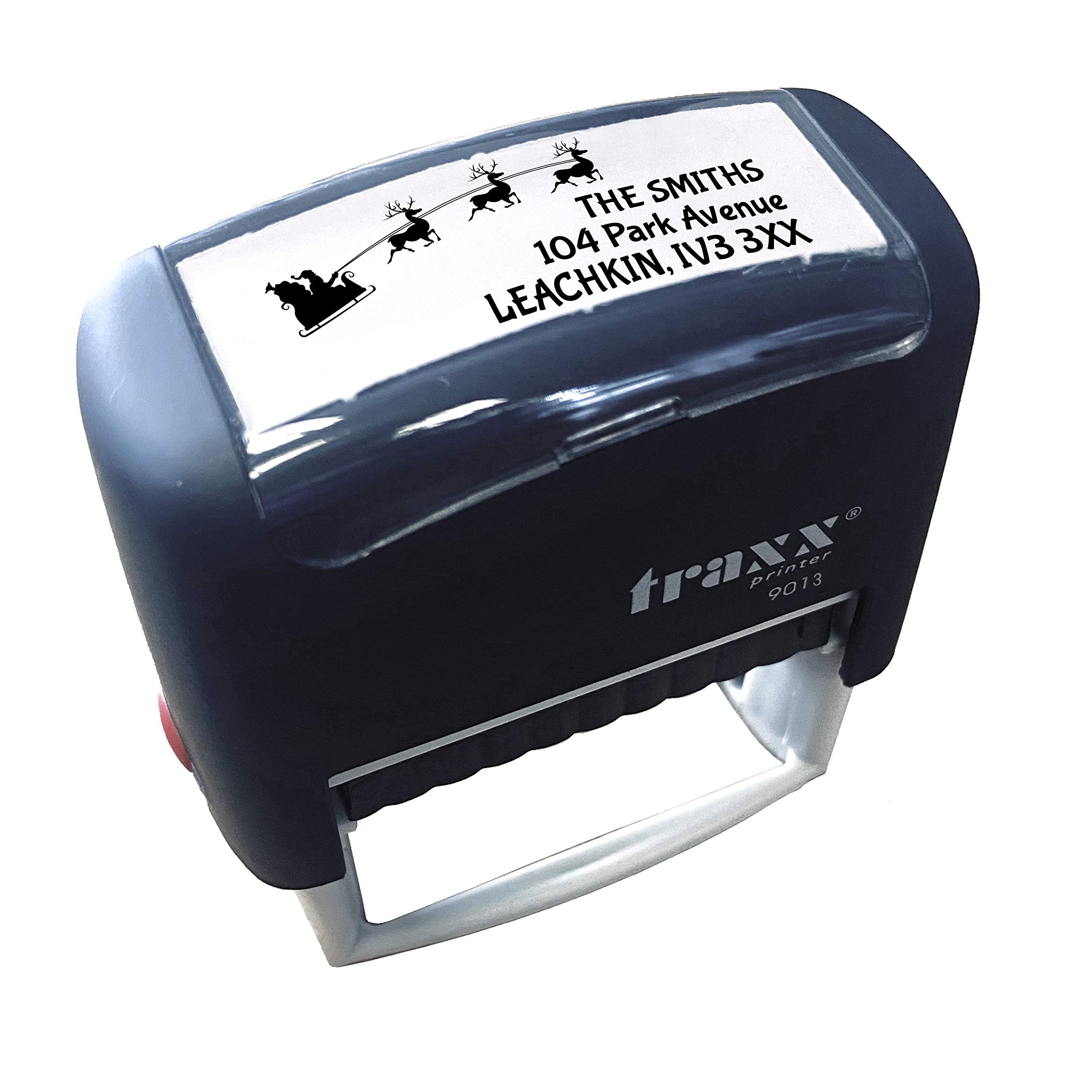 Traxx 9013 Personalised Christmas Self Inking Rubber Stamp - Santa Sleigh with 3 Lines of Customised Text in Black Ink