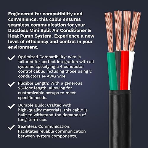 Miniatura 3 de DuctlessAire - Cable de control de 4 conductores de calibre 14 de 50 pies para sistemas de bomba de calor mini split sin conductos, grado de