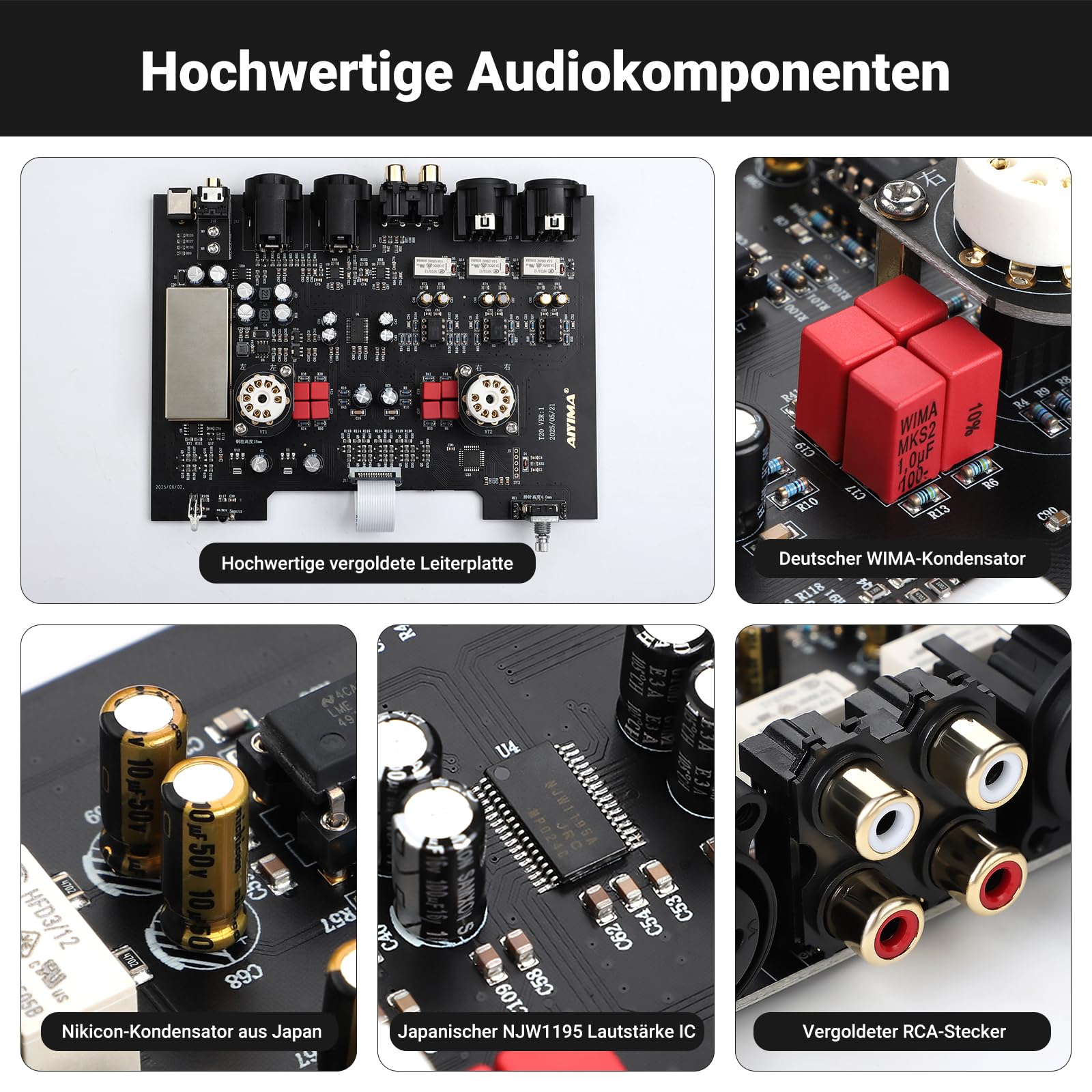 AIYIMA T20 Balanced Tube Vorverstärker LME49720 für HiFi-Heim-Audio Mini-Vakuumröhren-Vorverstärker mit Cinch-/XLR-EIN- und Ausgängen und 12-V-Triggerausgang (DC12V 2A-Netzteiladapter)