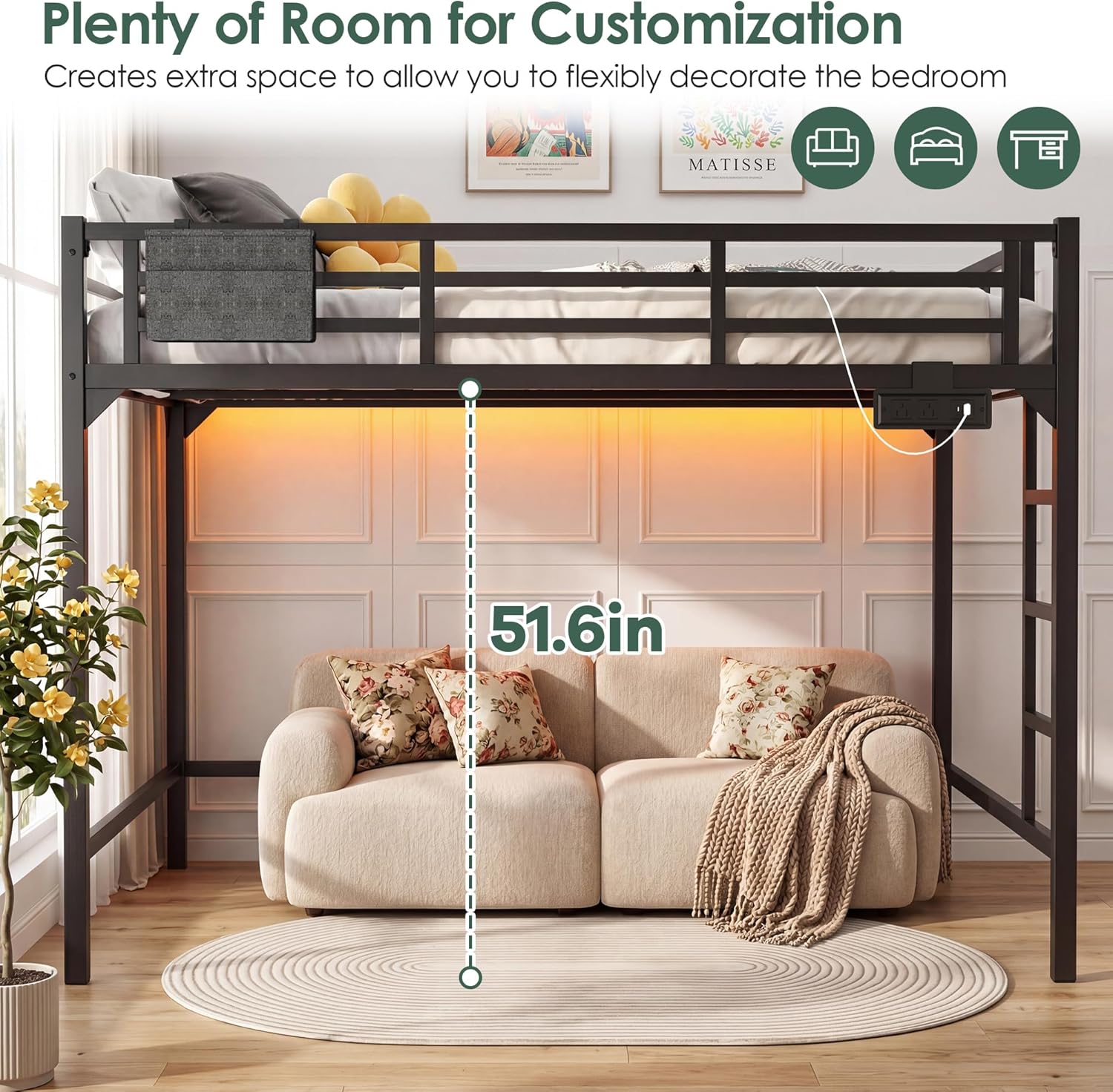 Queen Size Loft Bed with Charging Station & LED Lights Heavy Duty Metal Bed Frame with Storage Pocket, Ladder and Guardrail Reinforced Queen Size Loft Bed Space-Saving for Adults Guest Room Dorm Black