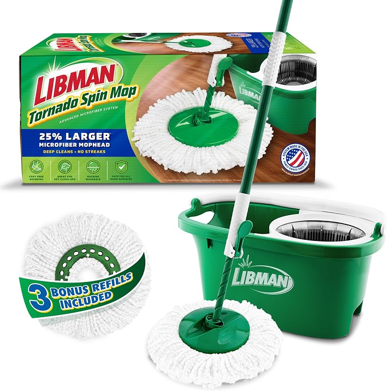 Libman Tornado Spin Mop System with Bucket & Wringer, 3 Refill Heads