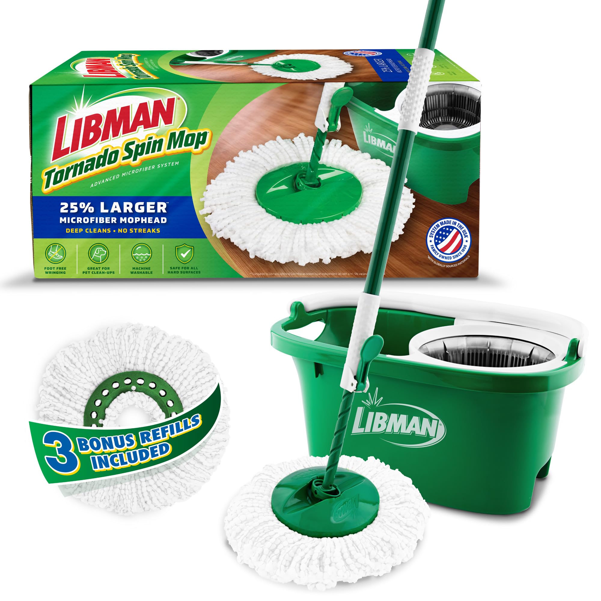 Libman Tornado Spin Mop System with 3 Refill Heads, Microfiber