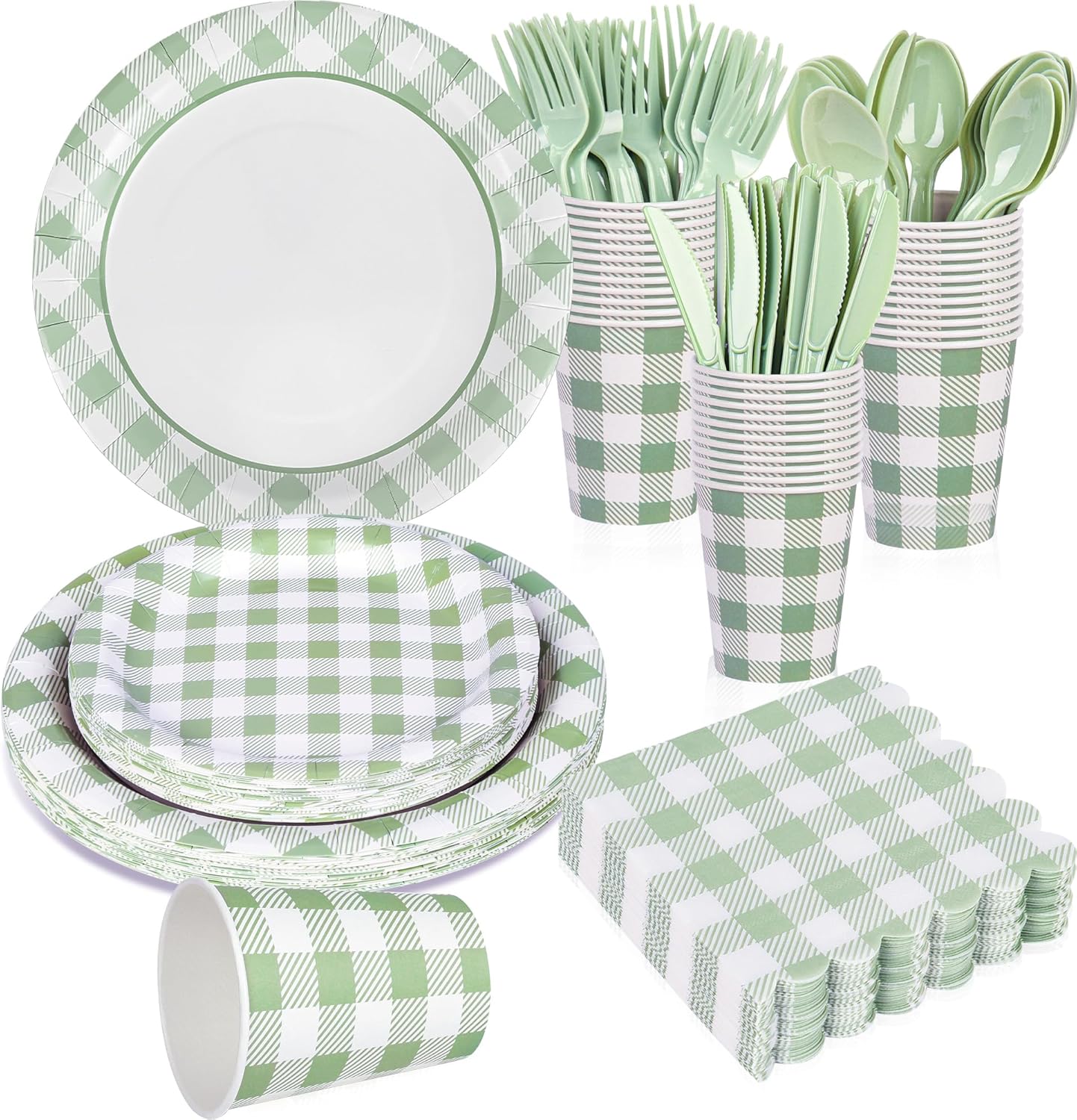 175Pcs Sage Green Gingham Party Supplies Green Gingham Paper Plates and Napkins Greeny Plaid Plates Disposable Sage and White Plaid Party Decor for Birthday Family Picnic BBQ,Serves 25 Guests