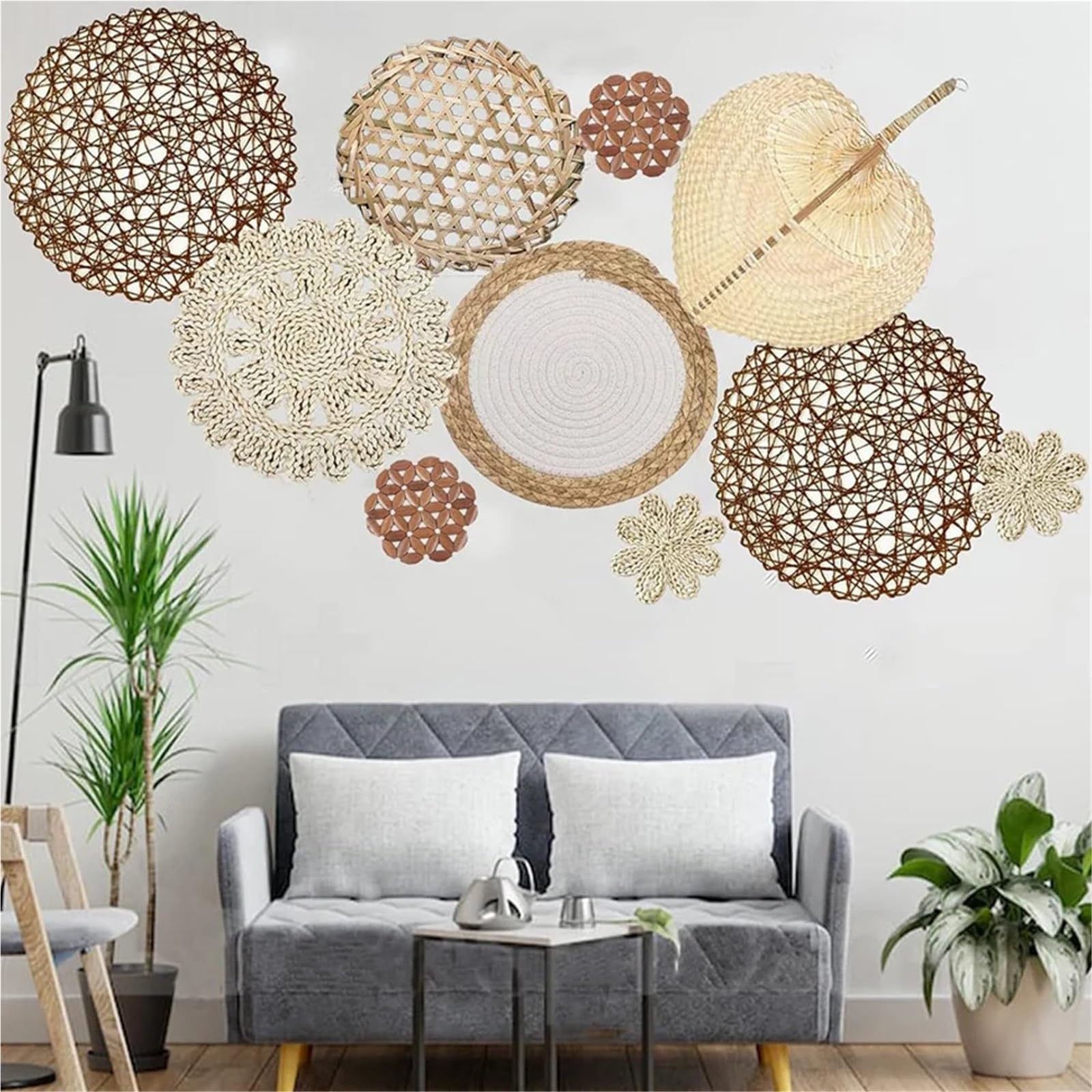 Cesta Mural de ratán Cesta de decoración de Pared Natural, decoración de Pared Redonda de ratán Hecha a Mano, decoración Colgante de Pared de Granja for Dormitorio y Sala de Estar, 10 Uds.