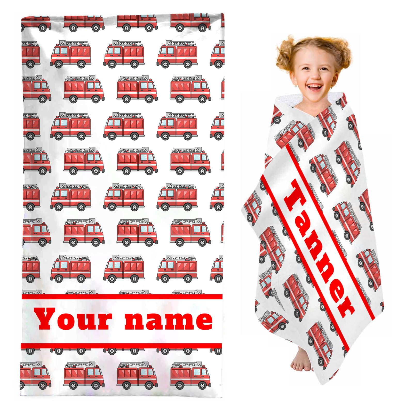 SHROUDEX Personalised Beach Towel With Name, Cartoon Car Towel with Name, Microfibre Beach Towel, Large, 90 x 180 cm, Fire Engine Bath Towel, Hand Towel for Beach (3.50 x 100 cm)