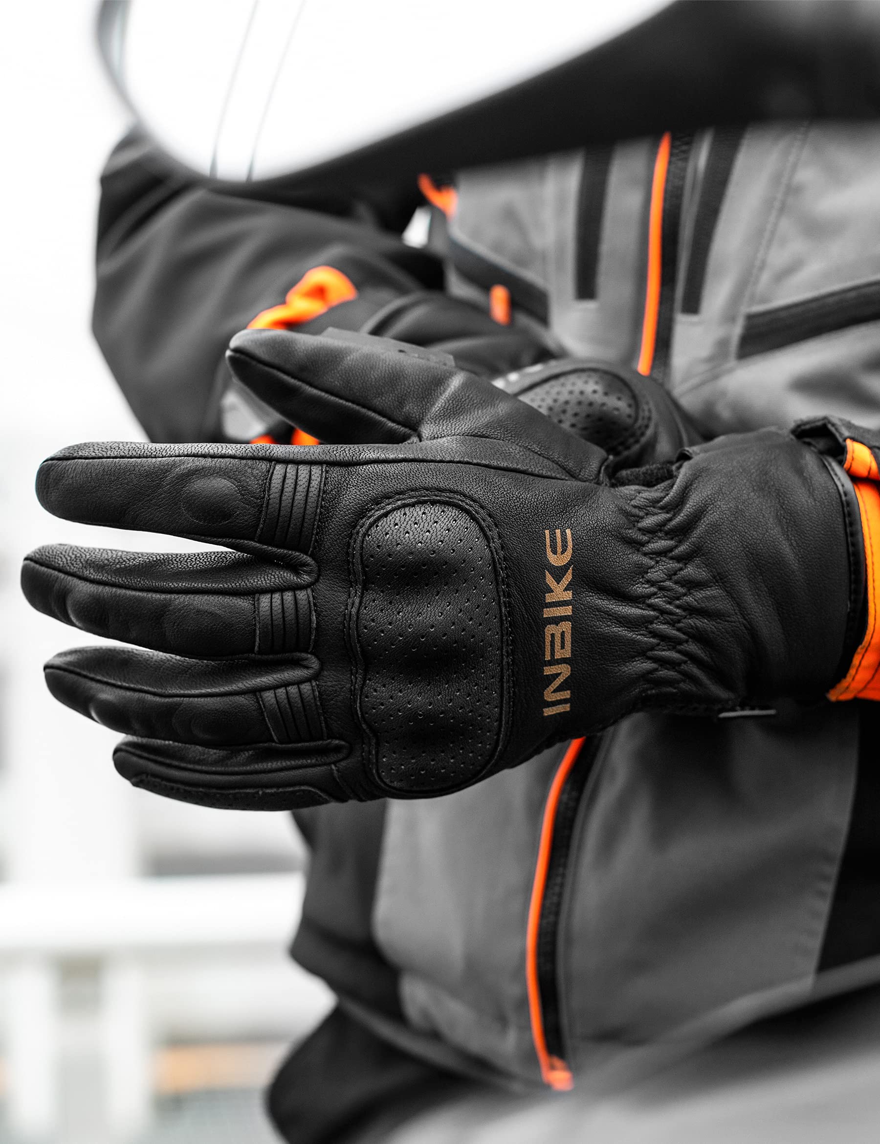 INBIKE Gants Moto Homme Hiver Chauffants 100% Cuir Coqués Protection pour Moto Cross Scooter Chauds Coupe-Vent Respirant Imperméables
