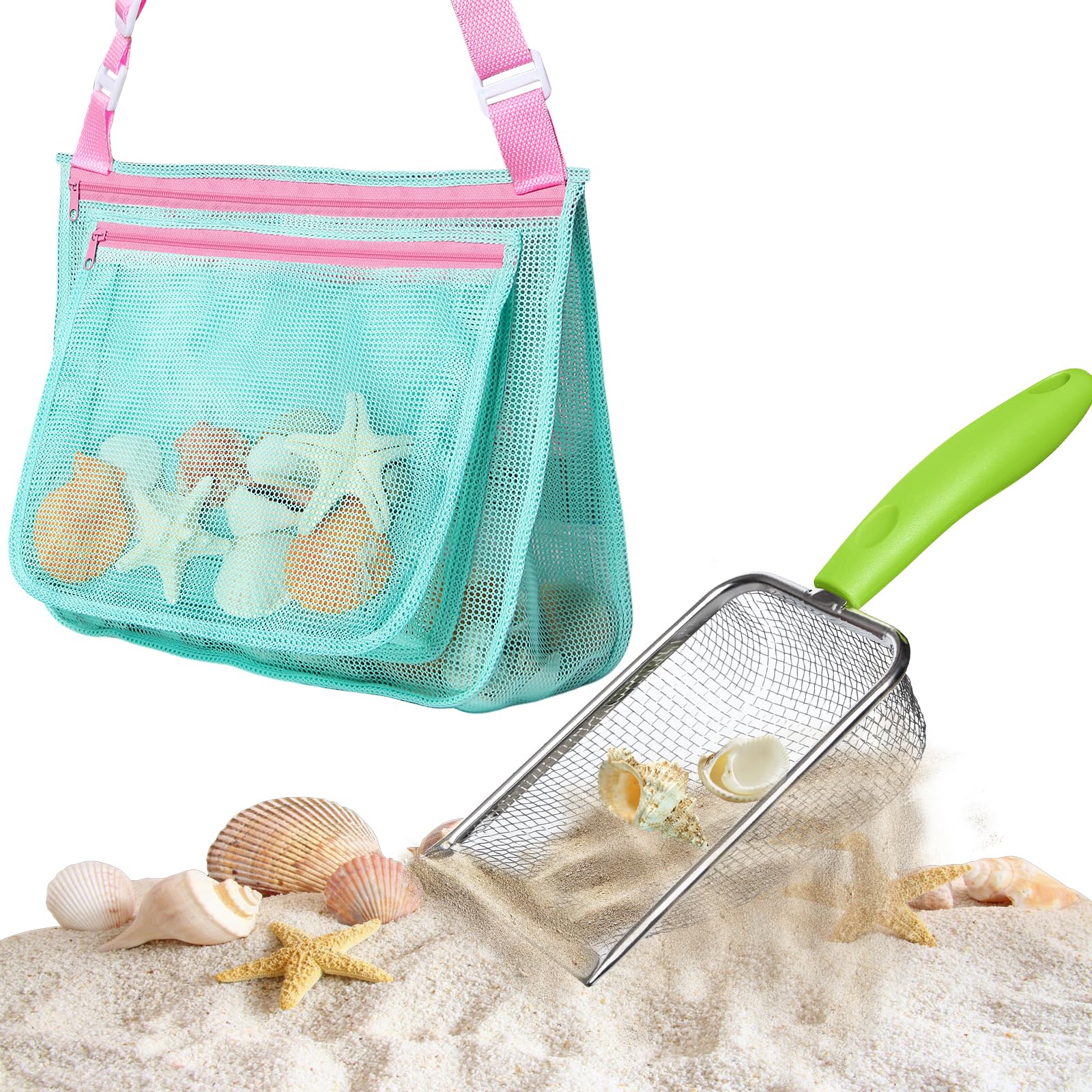 LIDAGO Beach Mesh Shovel with Mesh Bag for Shell Collecting,Beach Scoop Metal Shark Tooth Sifter Sand Dipper for Kids Boys Girls